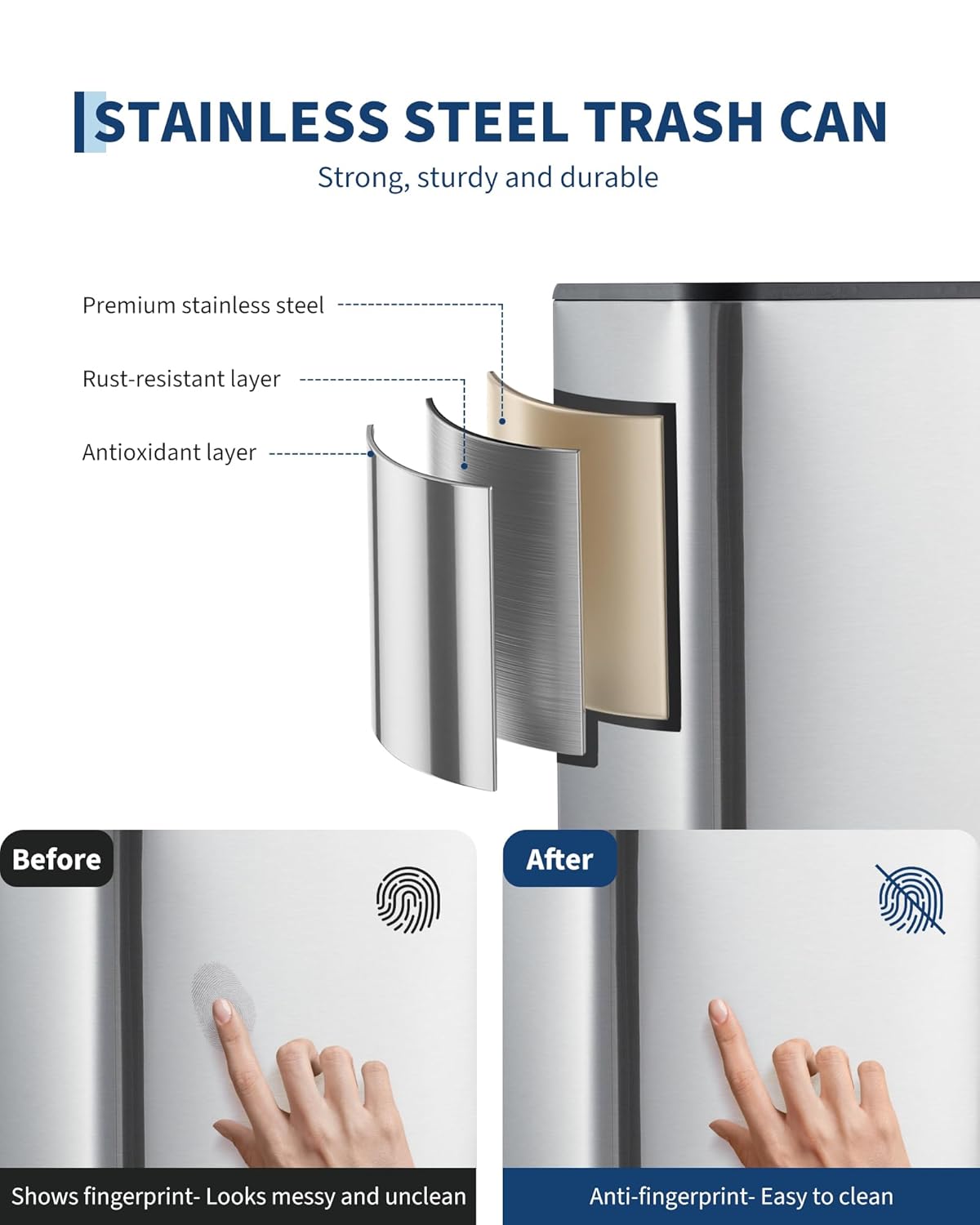 GarveeHome 4.8 Gallon Trash Can, Rectangular Stainless Steel Waste Bin with Quiet Foot Pedal, Soft-Close Lid & Removable Bucket, Silver Garbage Can for Office, Small Kitchen, Home