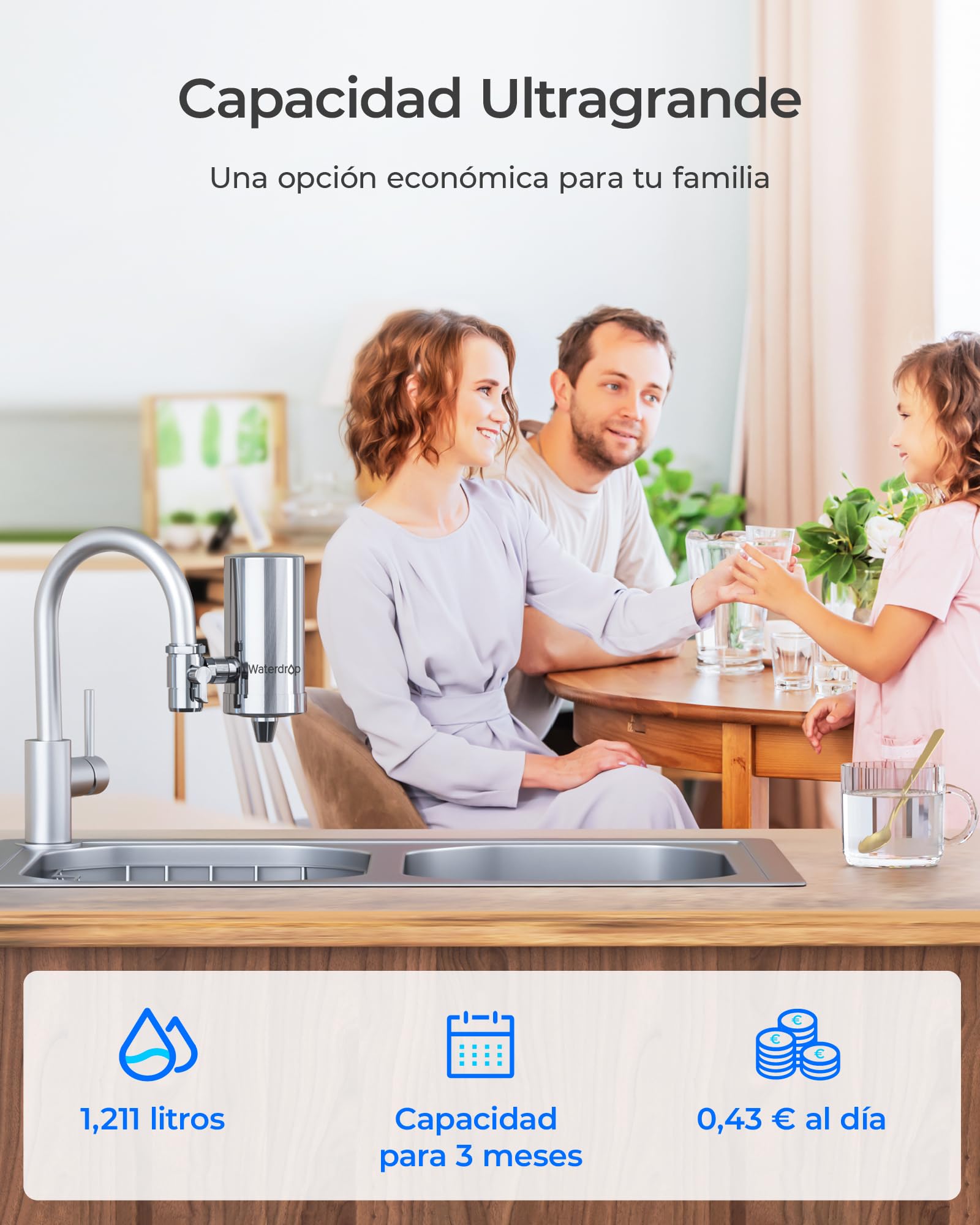 Waterdrop WD-FC-06 Grifo de Acero Inoxidable, Sistema de Filtración de Agua con Bloque de Carbón, Elimina el Cloro, los Metales Pesados y el Mal Sabor (1 Filtro Incluido)