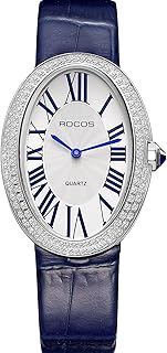 ROCOSJEWE Vintage Ladies Watches - Japanese Quartz Analog with Leather Strap, Fashionable Lightweight Waterproof Oval Womens Watches with Diamond Retro Dress Wristwatch RW0254