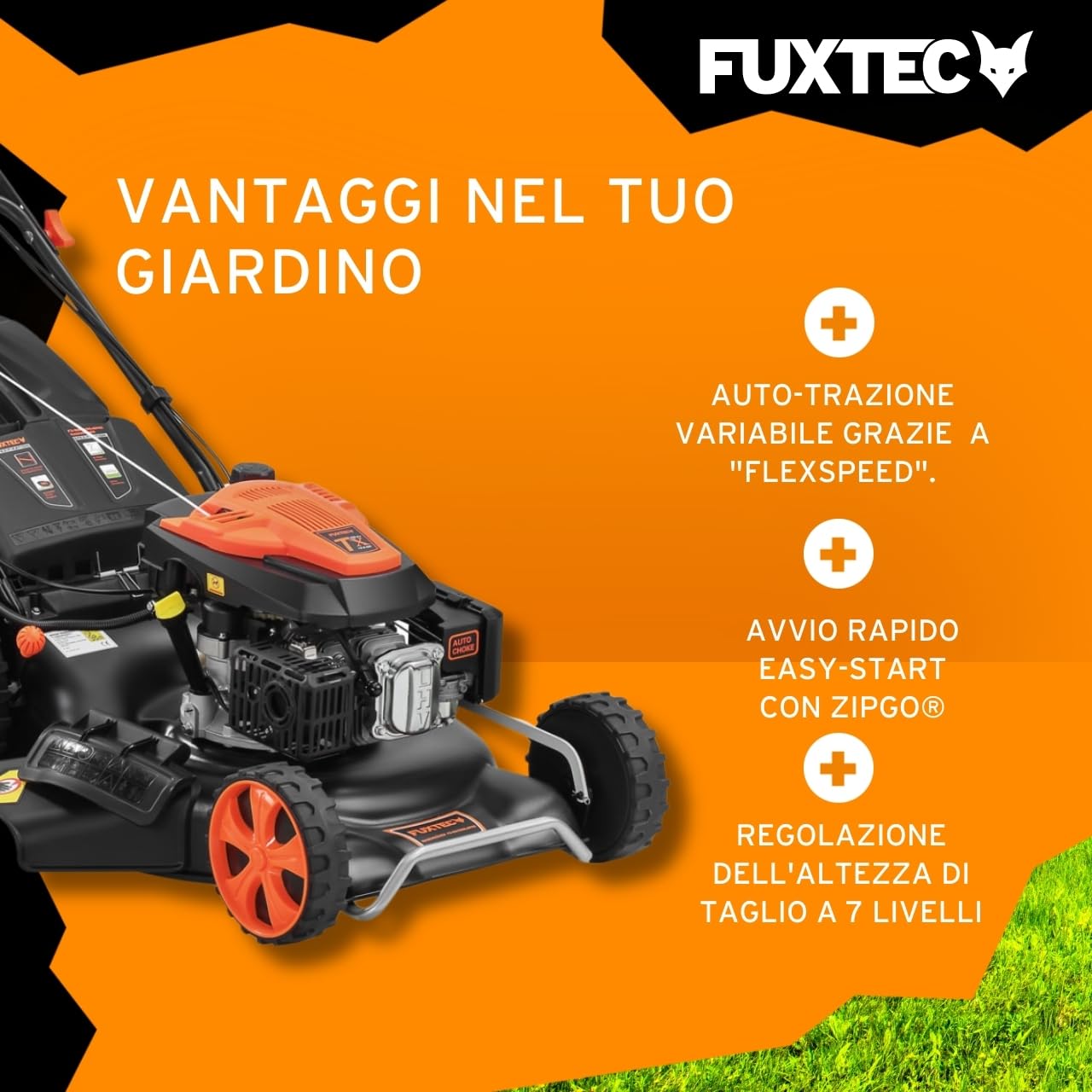 FUXTEC FX-RM5396eSPRO Tagliaerba a scoppio semovente, avviamento elettrico, velocità regolabile, scarico laterale, larghezza di taglio 53 cm, mulching, altezza 25-75 mm, cassetta per erba 70L