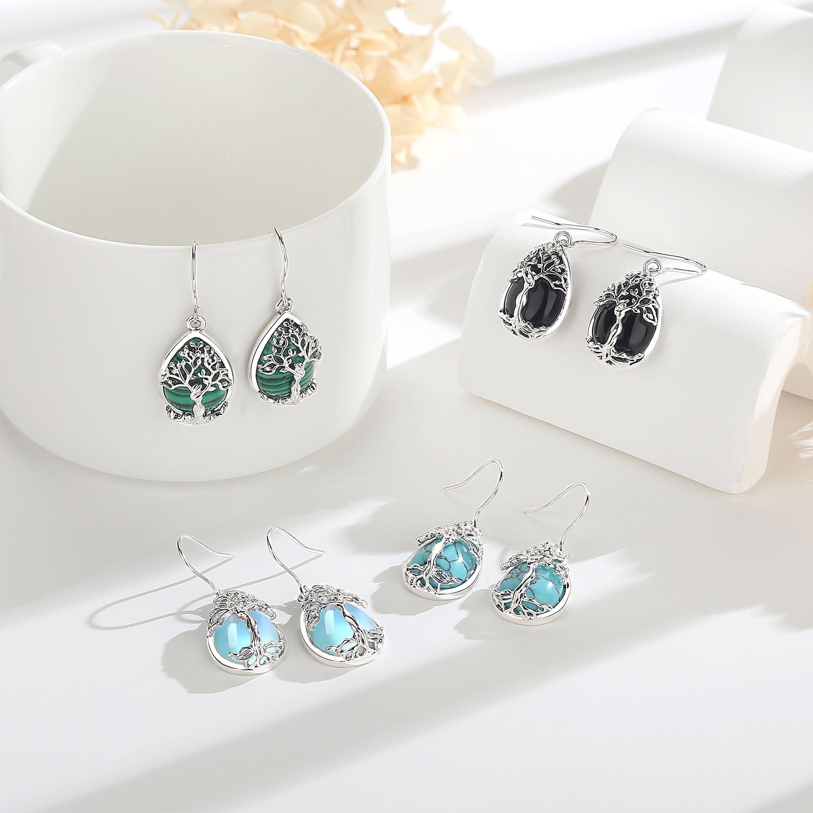 AEONSLOVE Pendientes Árbol de la Vida con Piedra Lunar para Mujer