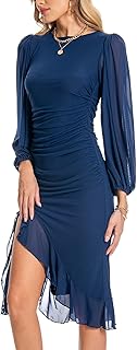 Women's Bodycon Midi Dress Fall Long Sleeve Ruched Ruffle Hem Mermaid Cocktail Wedding Guest Dresses