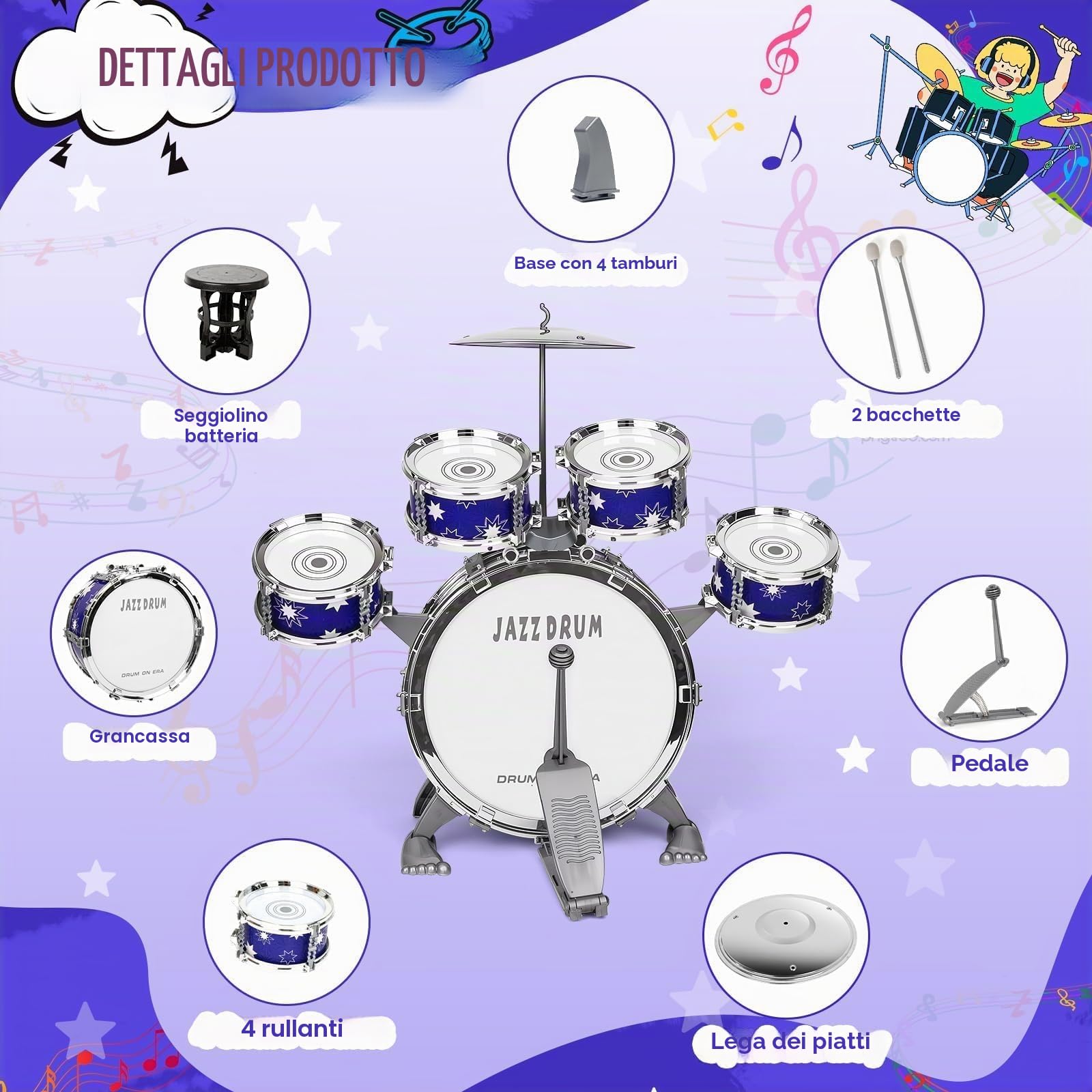 Upgrade Giocattolo Batteria Bambini 2-4 Anni Kit Batteria Jazz per Bambini con Sgabello, Giocattolo Strumento Musicale per Ragazze Ragazzi di 3 4 5 Anni Regalo