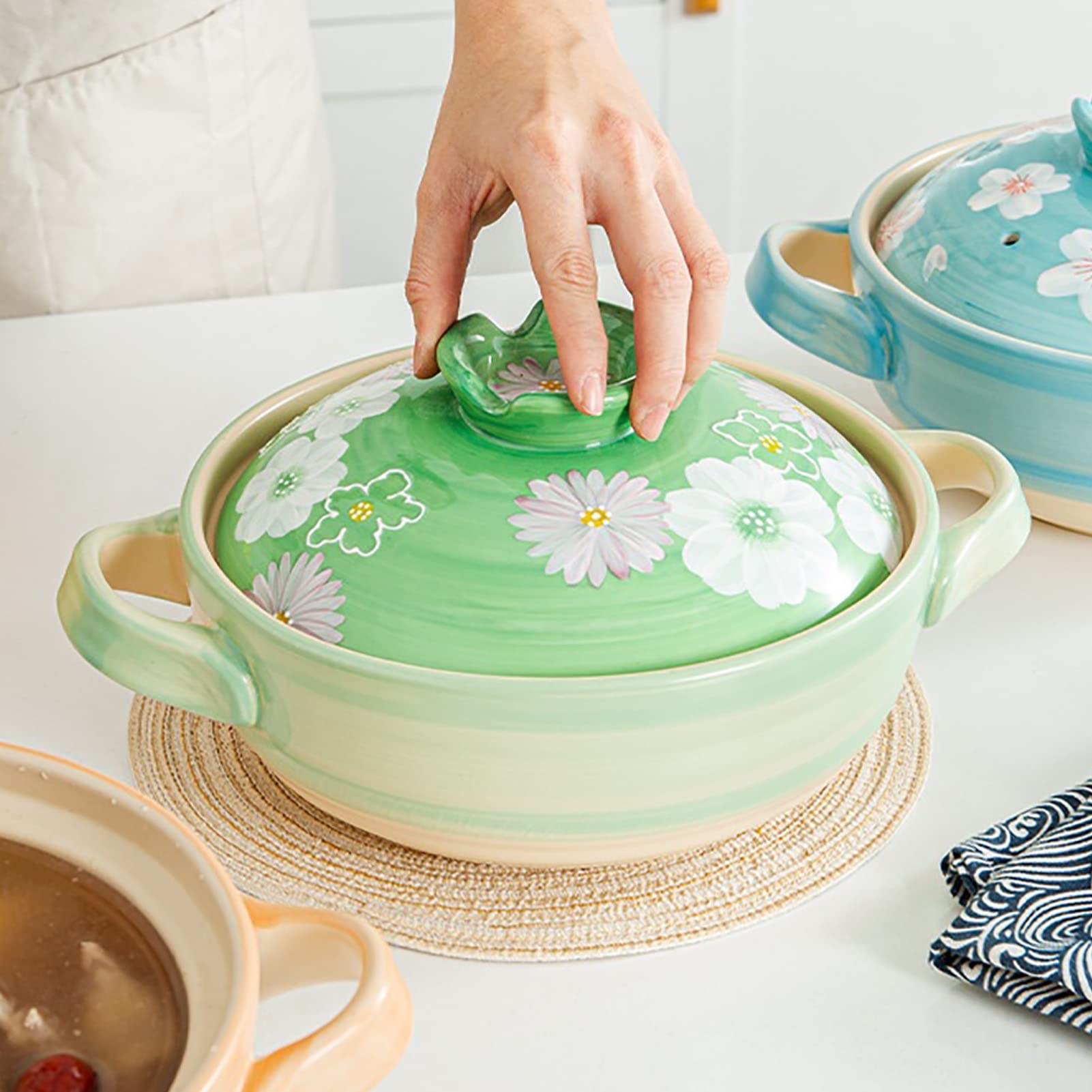 Szef Kuchni Gliniany Garnek Do Gotowania Ręcznie Malowany Ceramiczny Dutch Oven Z Pokrywką Uchwyty Garnek Gliniany Do Pieczenia Otwarta Płomień(Green)