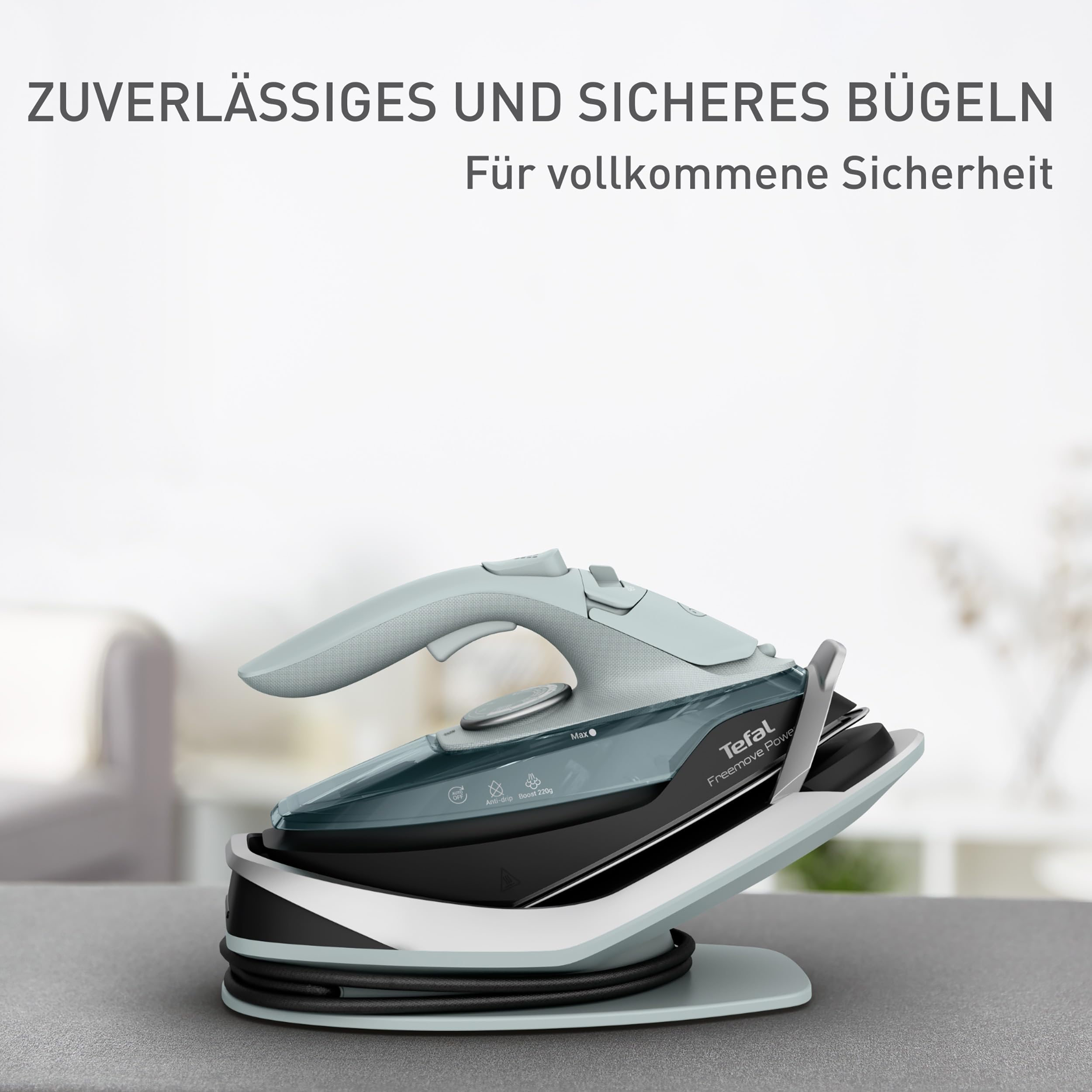 Tefal Freemove Power kabelloses Dampfbügeleisen, 2600 Watt, 40 g/Min. Dampfmenge, 220 g/Min. Dampfstoß, 250 ml Wassertank, Auto-Off, kratzfeste Keramik-Bügelsohle, Tropfstopp, Eukalyptus, FV6670E0
