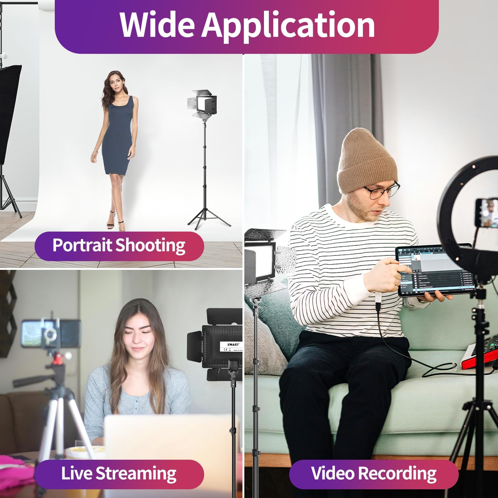 EMART Illuminazione a LED per fotografia, luci da studio con treppiede regolabile da 134,6 cm e 9 filtri colorati, 4 deflettori per registrazione video, streaming di giochi, YouTube, 2 confezioni