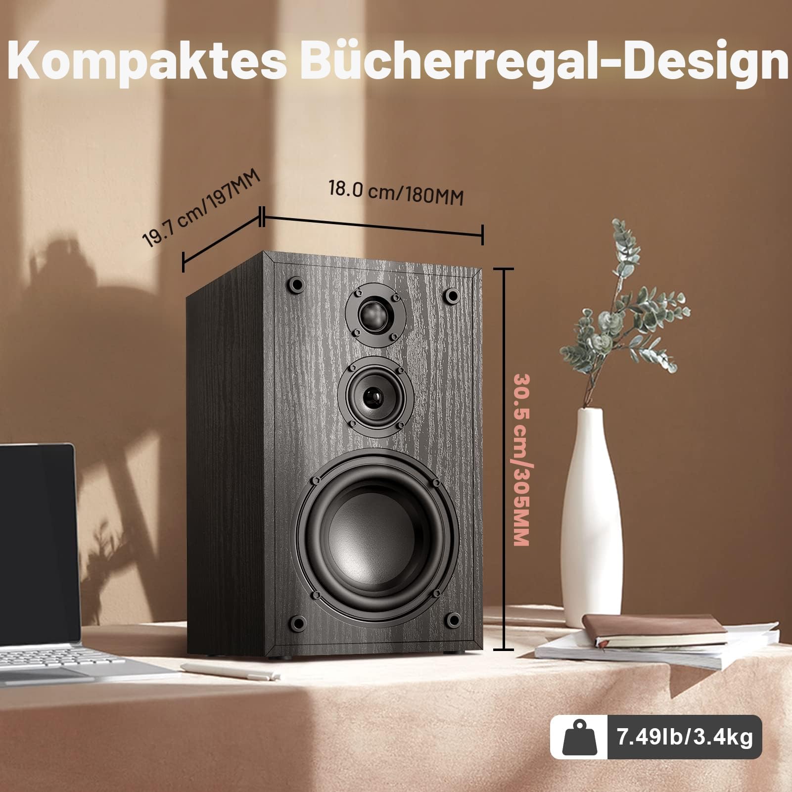 3-Wege Regallautsprecher Passiv, HiFi Stereo Lautsprecher 2 x 80W RMS, Kompaktlautsprecher mit Holzgehäuse & Bassreflex, Passiv Boxen für Heimkino, Musik & TV (G521-1)