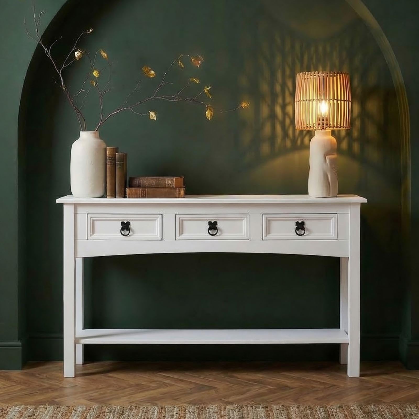 IDIMEX Console Rural Meuble Style Mexicain avec 3 Tiroirs et 1 Étagère, Table Console Blanche Fabriquée en Pin Massif, Poignées en Métal, Finition Lasurée Blanche
