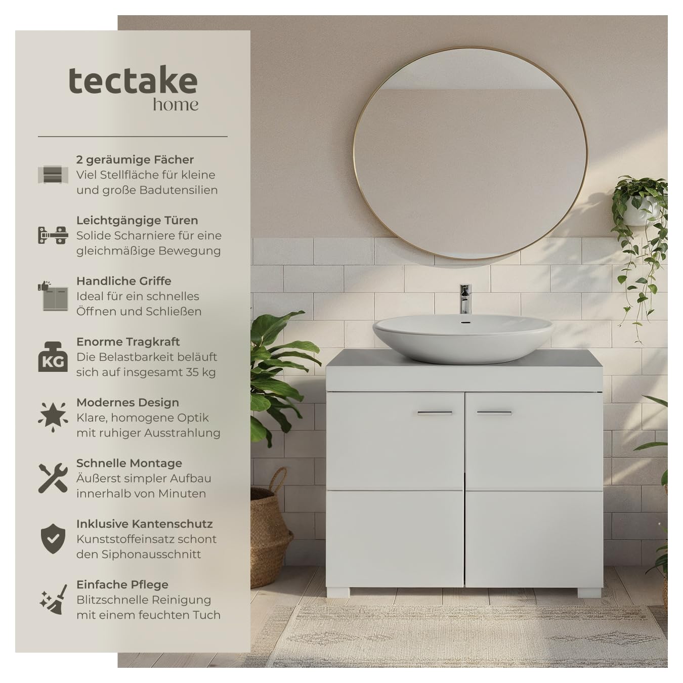 tectake® Waschbeckenunterschrank, Waschtisch Unterschrank, Badschrank für unter Waschbecken, Spüle, Schrank Möbel Badunterschrank, Waschtischunterschrank für Badezimmer & WC, Badmöbel - weiß