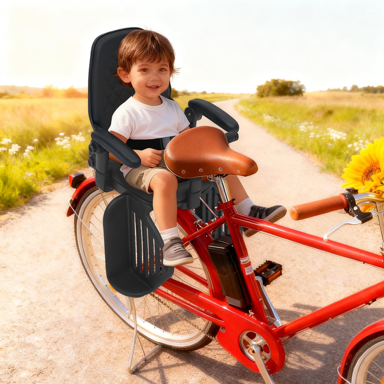 Seggiolino per bicicletta, montaggio posteriore, 50 kg, con cinture di sicurezza, poggiapiedi e braccioli rimovibili, per bici da città e altre biciclette con sedile posteriore, nero.