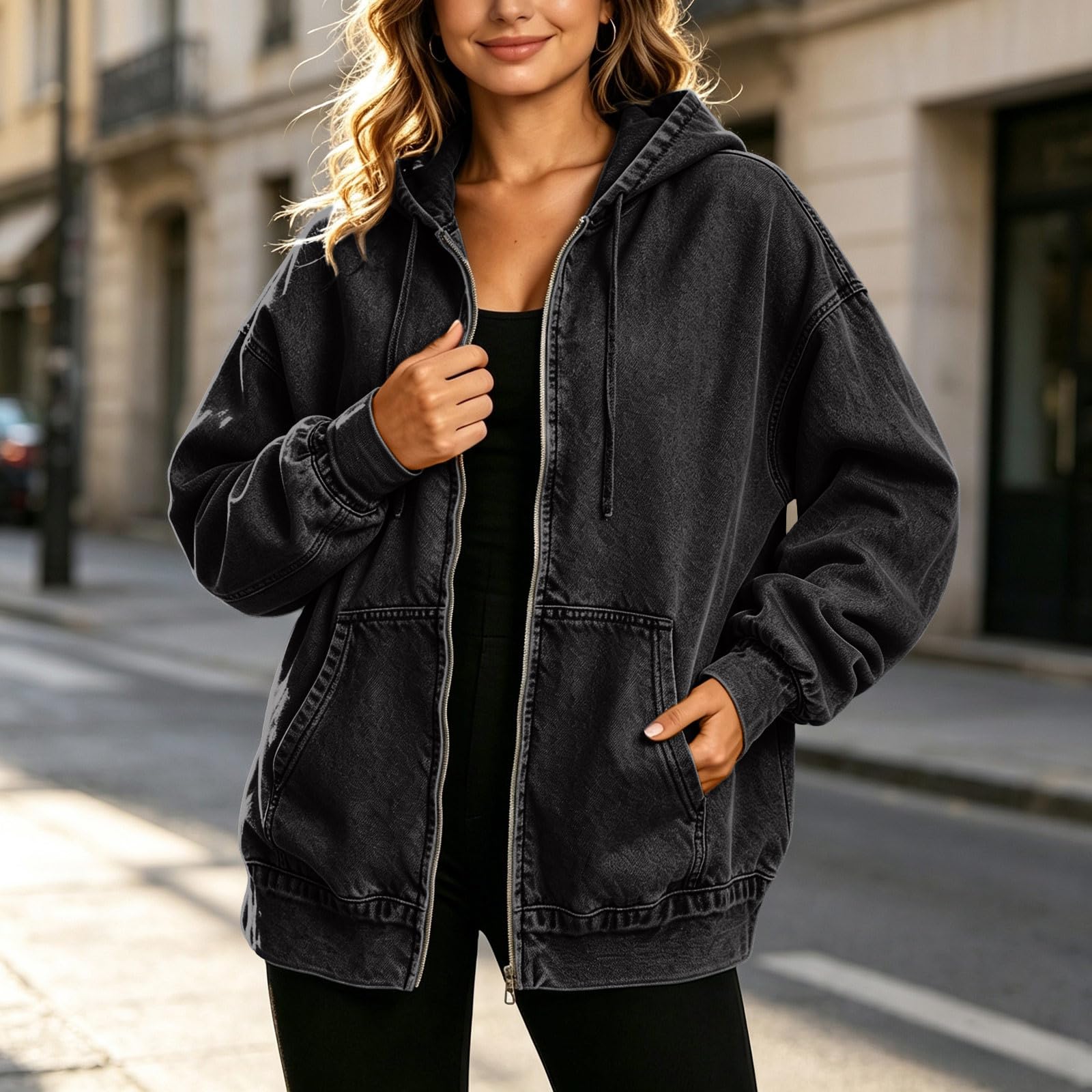 Giacche di jeans da donna vintage oversize con zip con cappuccio cappotto di jeans da donna primavera autunno casual felpe con cappuccio larghe leggere giacca da camionista per il tempo libero