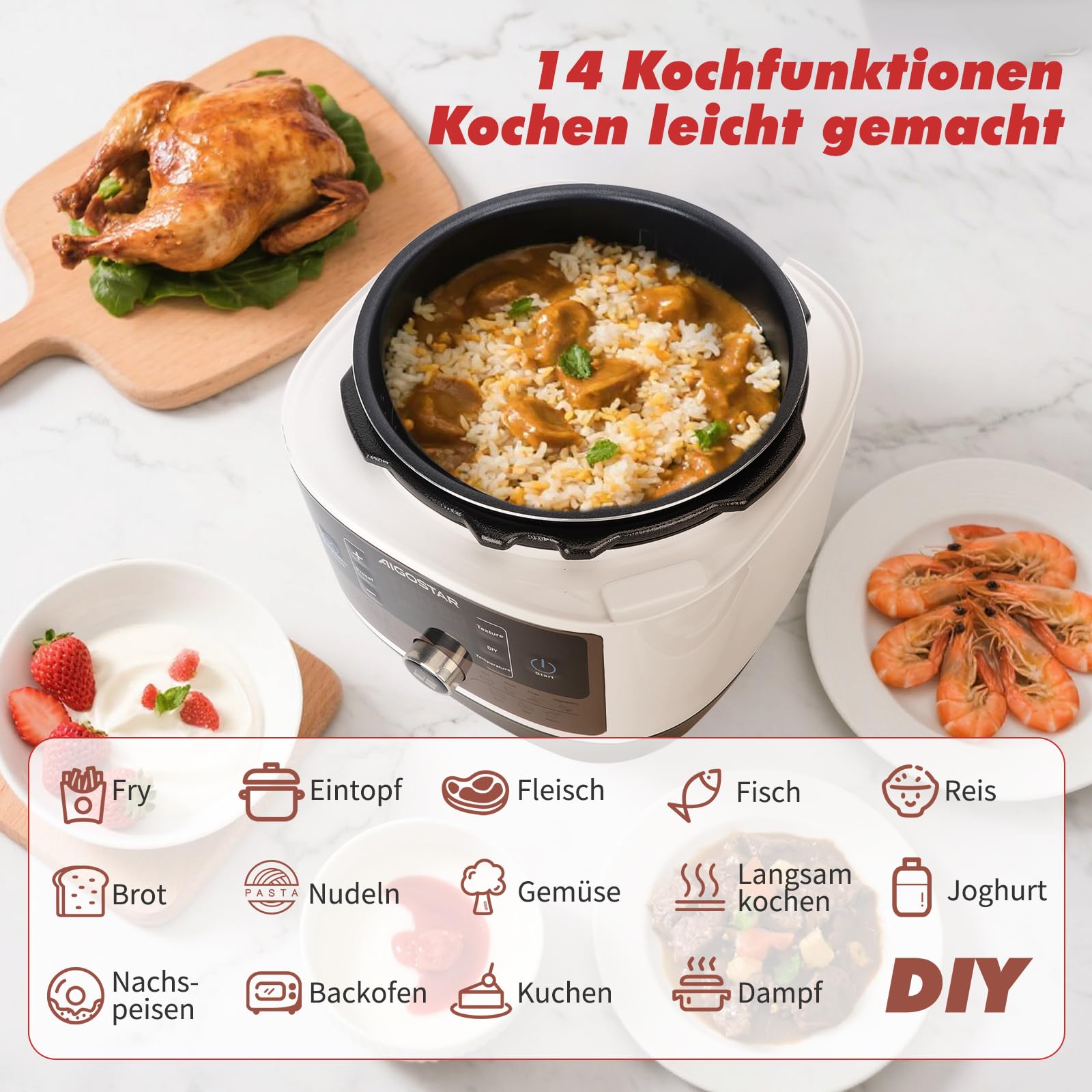 Aigostar Panda - 7-in-1 Schnellkochtopf, 5,5 L Multikocher Pressure Cooker, 14 Automatik-Programme, LED-Panel, Druckeinstellungen, Timer und Warmfunktion, Antihaftbeschichteter, 1000 W