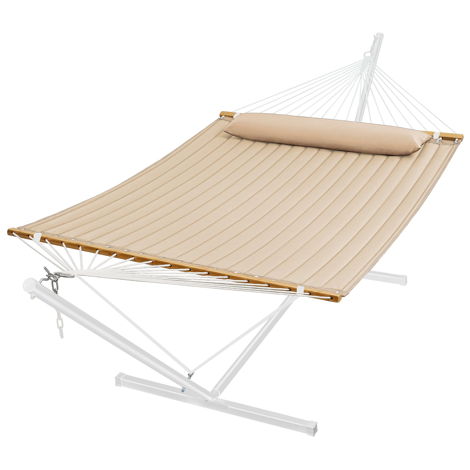 Photo 1 of SUPERJARE Hammock with Stand, 2 Person Quilted Outdoor Hammock, Detachable Pillow & Bamboo Spreaders, Portable Hammock with Carrying Bag, Heavy Duty Stand, Perfect for Outside, Patio, Beige