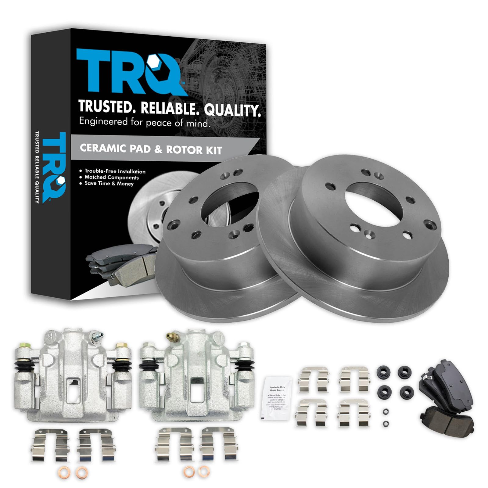 TRQ Rear Brake Pad and Rotor Set Ceramic Solid Rotors Calipers