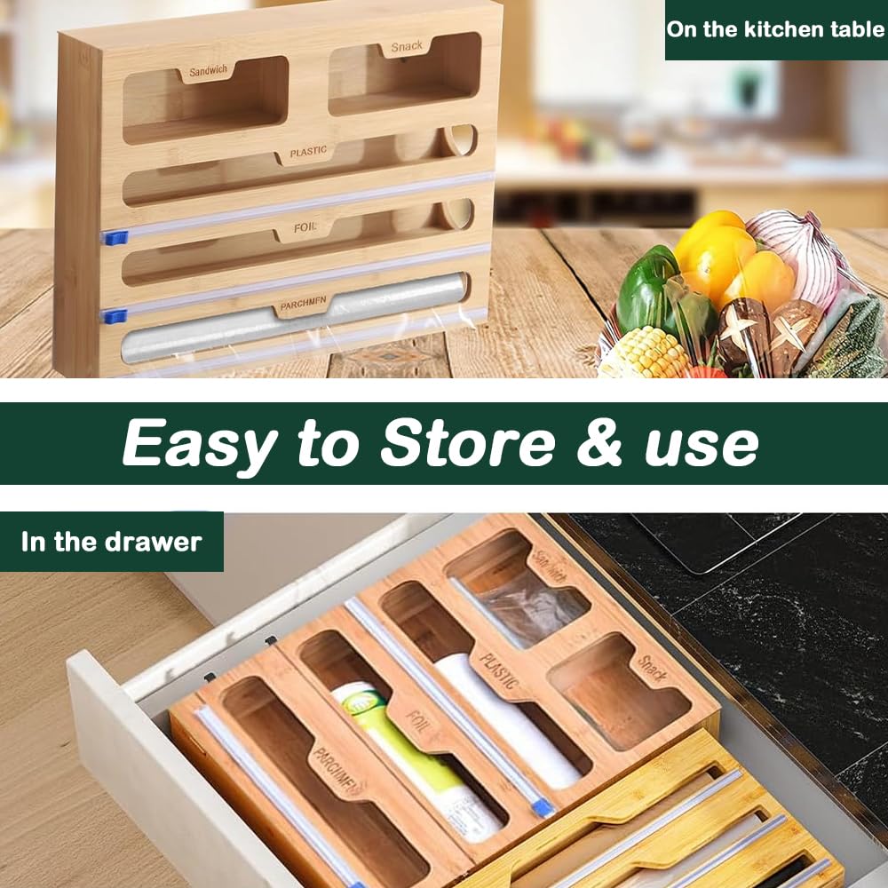 Dispenser Pellicola 5 In 1 In Bambù - Per Pellicola, Alluminio E Sacchetti, Con Taglierino, Organizza La Cucina - Foto 11