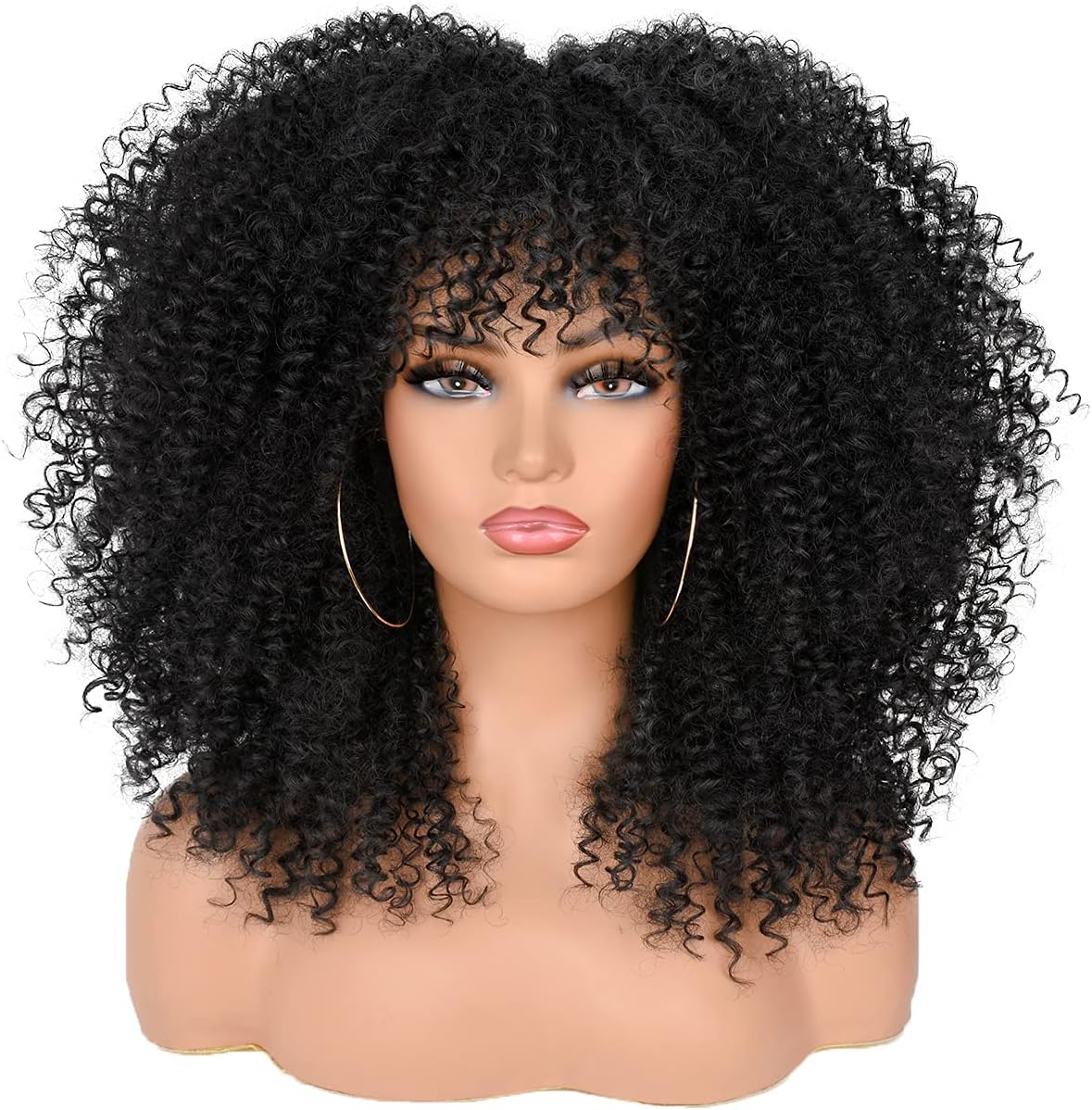 ANNISOUL Curly Wigs for Black Women Afro Bomb Curly Wig with Bangs Synthetic Fiber Glueless Long Kinky Curly Hair Black 16inch