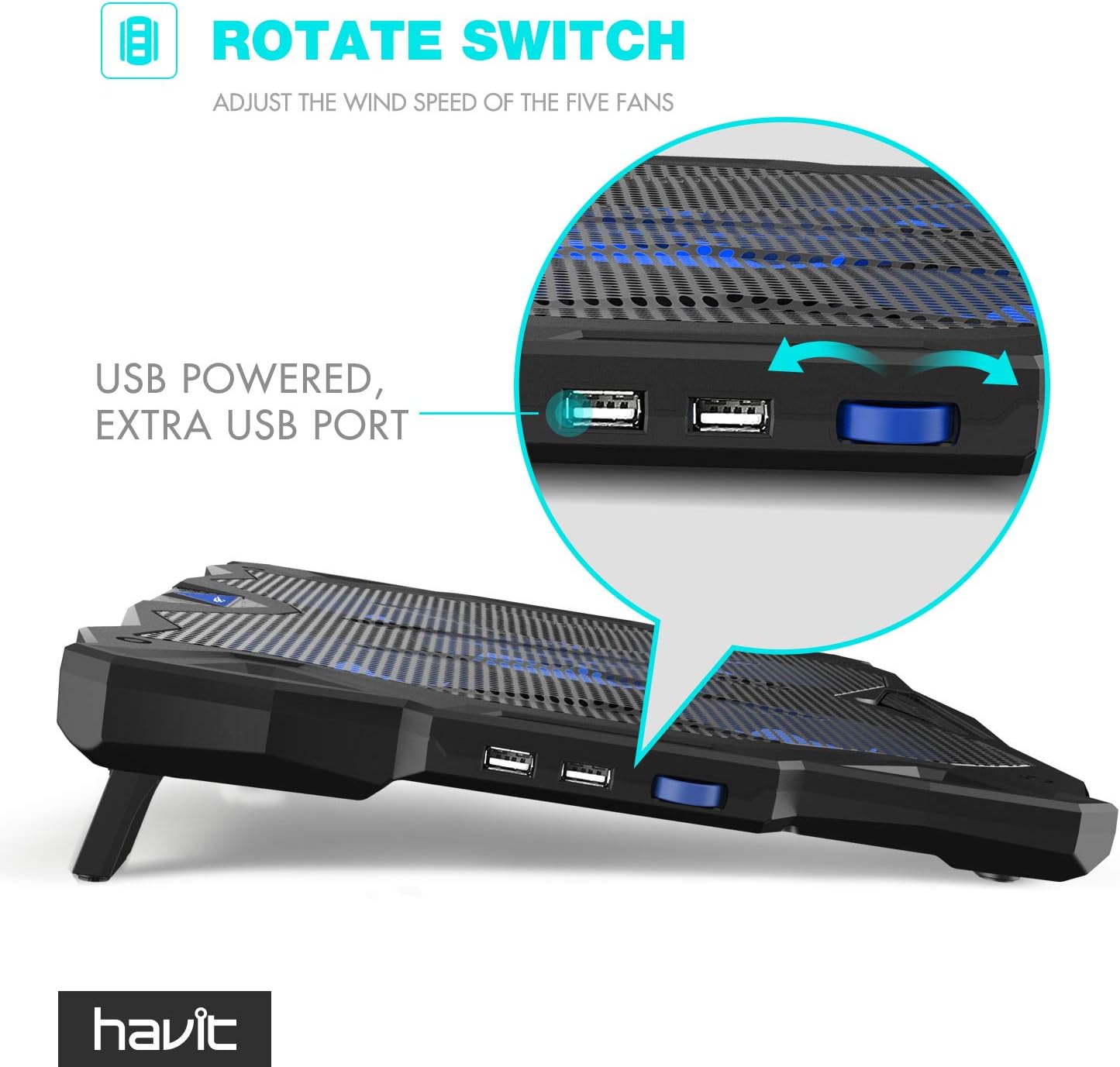 HAVIT 5 Fans Laptop Cooling Pad for 14-17 Inch Laptop, Cooler Pad with LED Light, Dual USB 2.0 Ports, Adjustable Mount Stand (Blue) : Electronics
