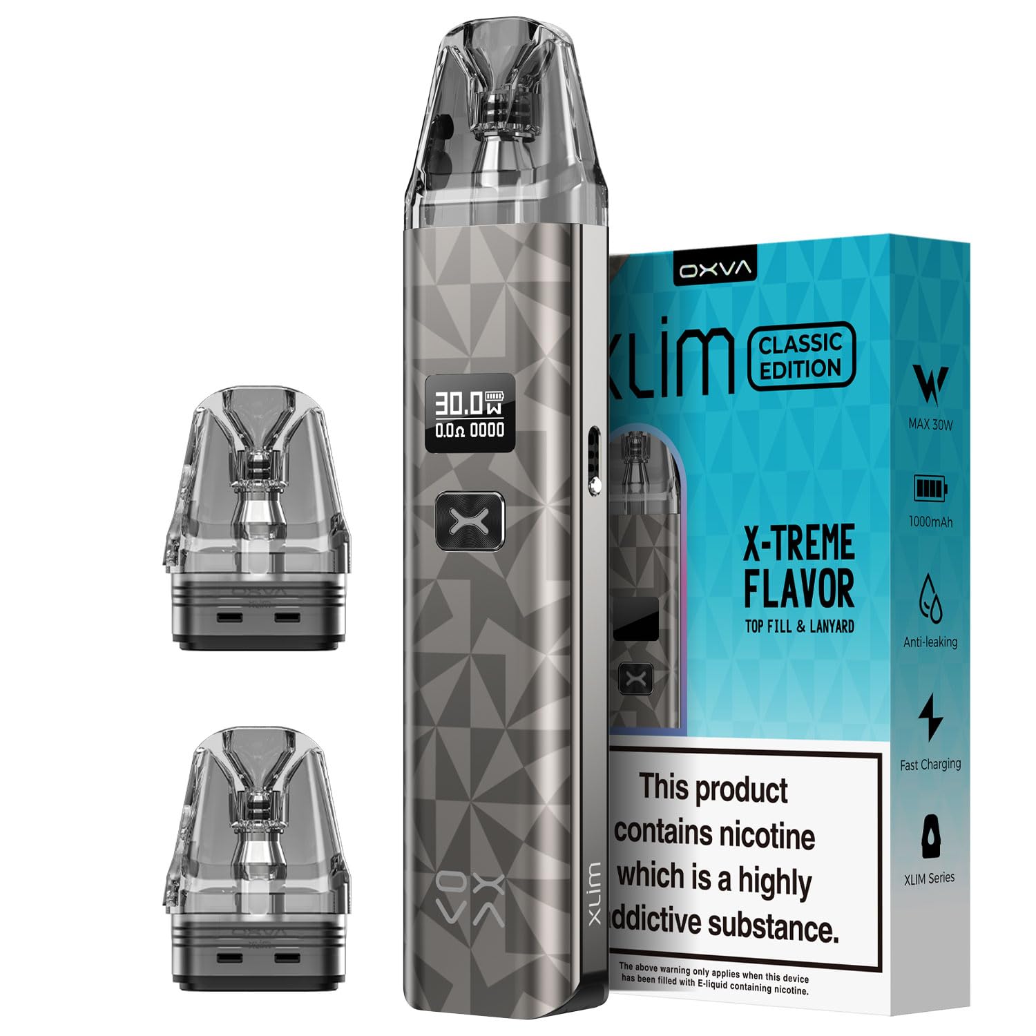 OXVA XLIM Classic Edition Vape Pod Kit - 1000mAh Battery, 30W Max Output, OLED Screen, Fast Charging, Refillable, 2ML TBD No Nicotine (Gunmetal)