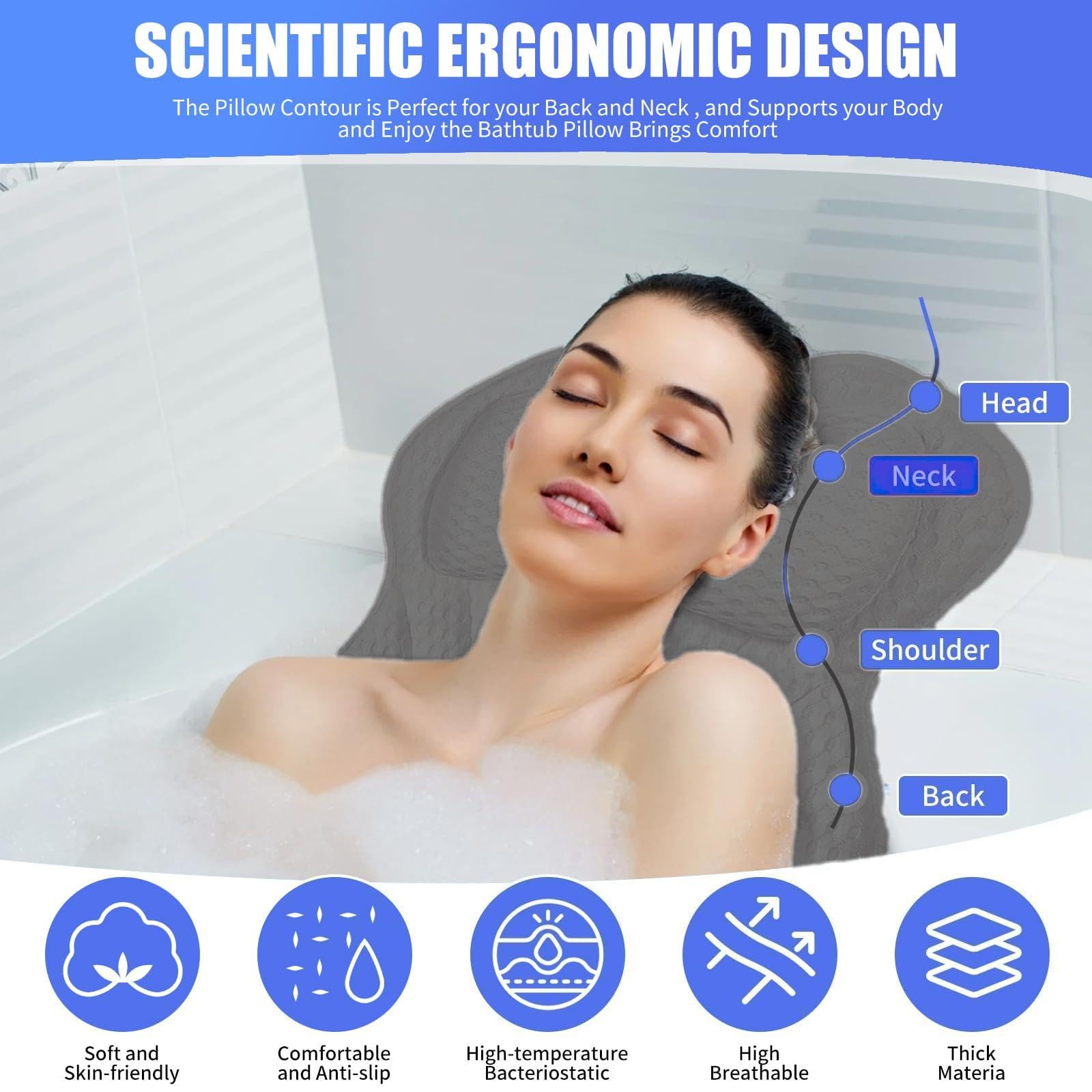 Almohada Bañera,Malla 4D Almohada de Baño,Almohada para Bañera con 6 Ventosas Antideslizantes, Cojín de baño, Puede soportar la Cabeza, el Cuello, para Bañera de Hidromasaje（Gris）