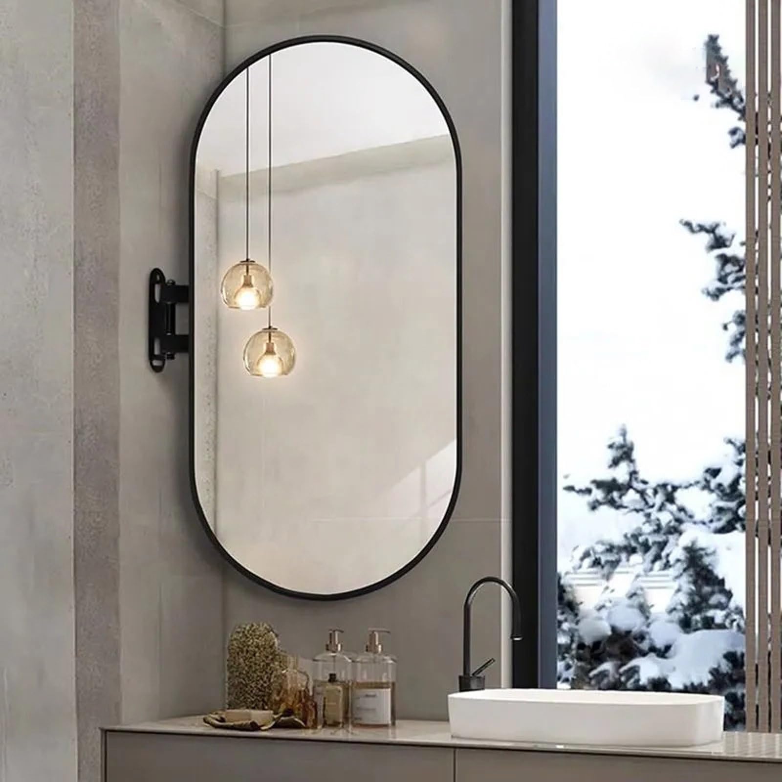 Oval Mirrors For Bathroom,Wall Mounted Swivel Corner Mirror,Hd Makeup Mirror With Metal Frame,Oval Swivel Corner Bathroom Mirrors With Bracket For Easy Installation(Black,40x80cm)