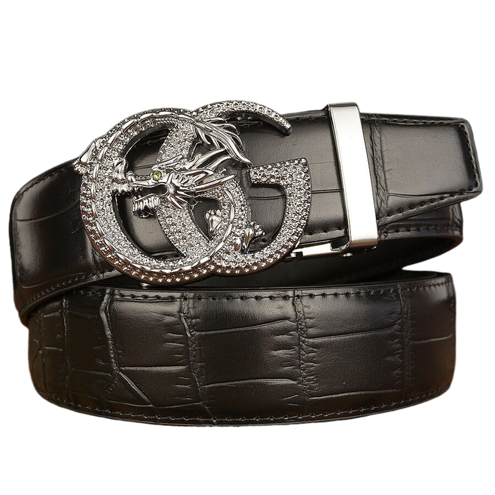 Wrjahcg Unisex Black B Belt Men Ratchet, Leather Cowboy Western Belts For Men With Dragon Alloy Buckle Crocodile Embossed Belt,,130Cm/51.2''
