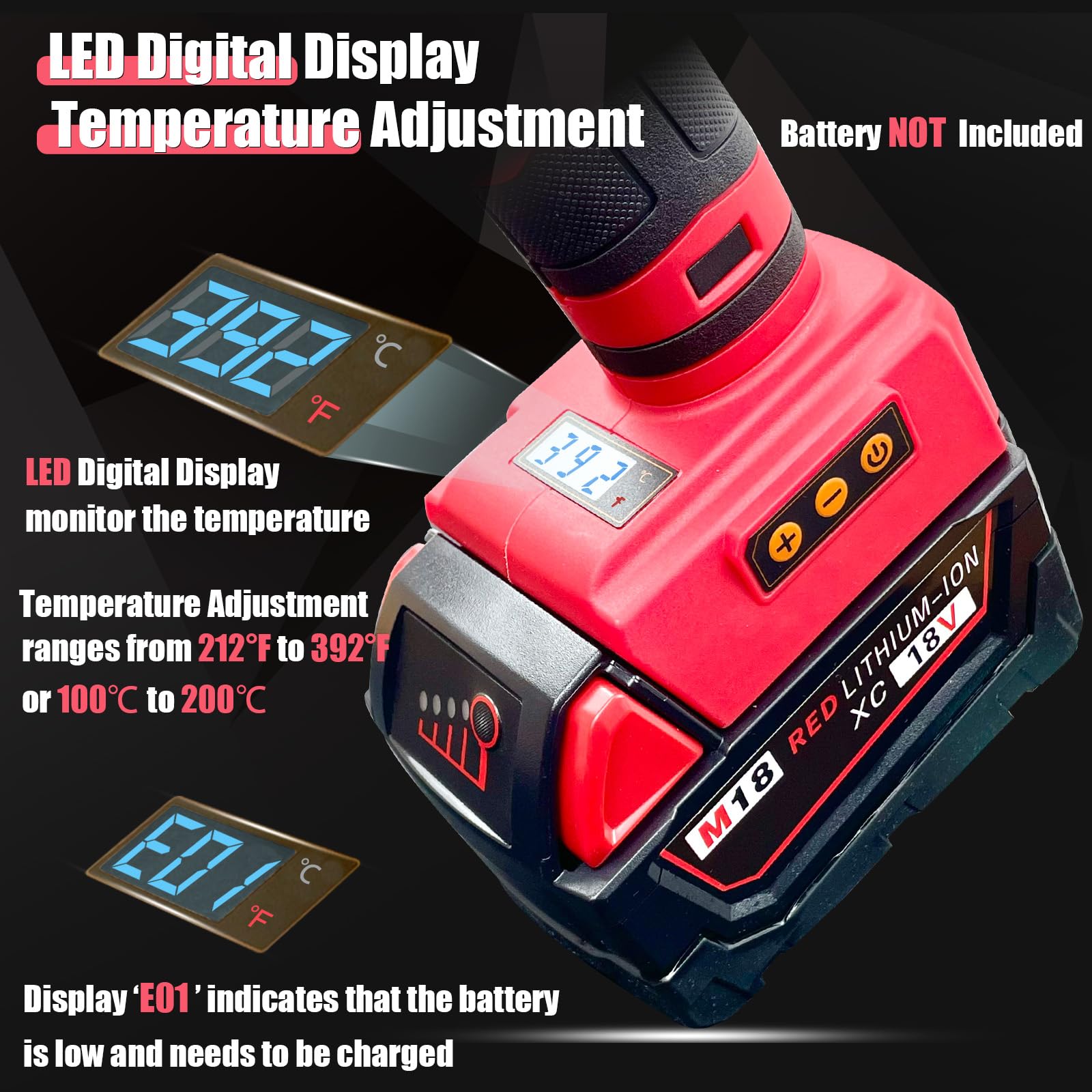 MONVICT Pistola de pegamento inalámbrica de 100 W para batería Milwaukee de 18 V, temperatura digital mejorada, energía eléctrica de mano, pistola de pegamento caliente resistente de tamaño completo