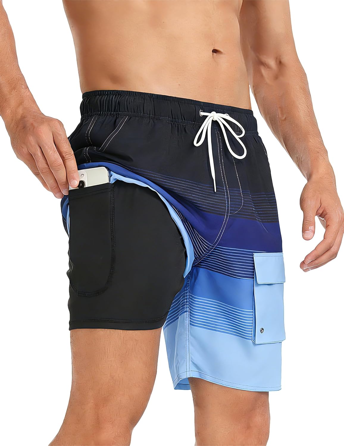 Mens Swim Trunks with Compression Liner 9 inch Inseam Quick Dry 2 in 1 Beach Board Shorts with Cargo Pockets S-3XL