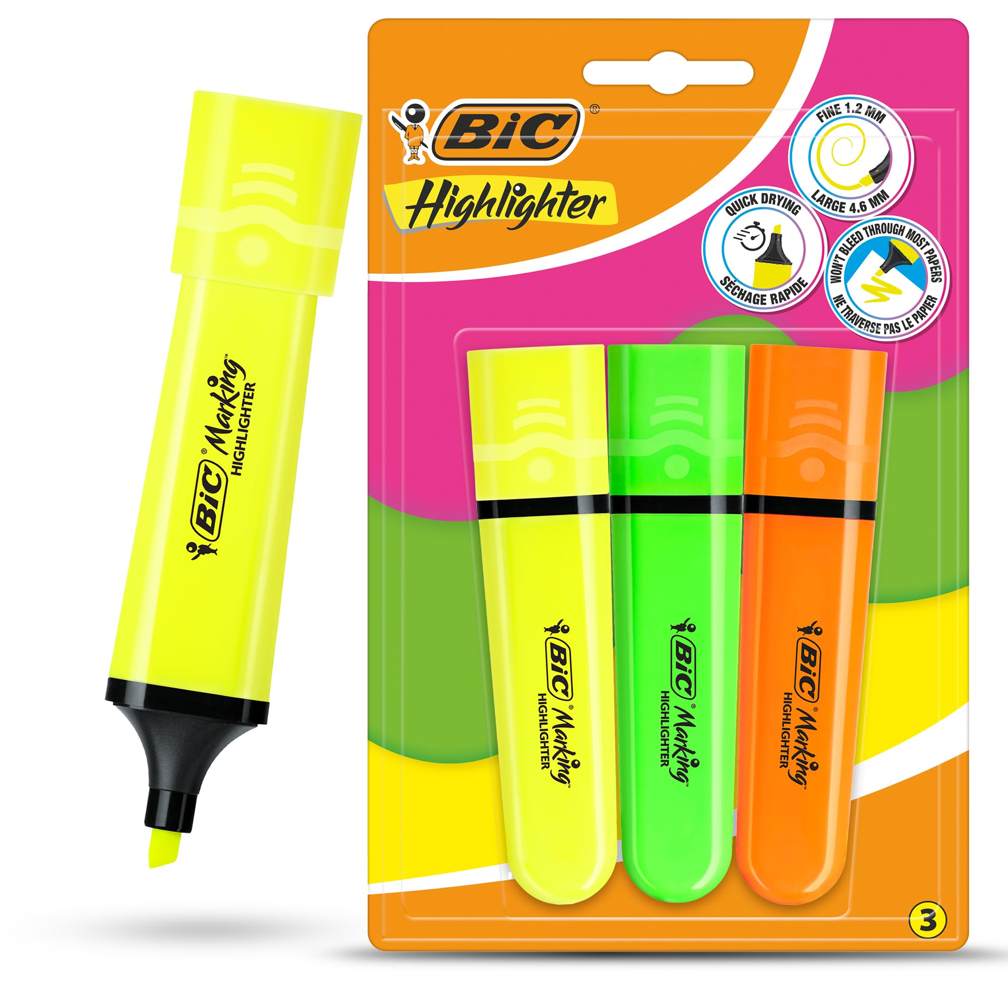 BIC Marking Highlighter Flat Highlighter Marker Pack of 3 Plastic Highlighter Pen with Fluorescent Assorted Neon Ink Highlighter Pens for Smooth Notes Precise Highlights Ideal for School and Office