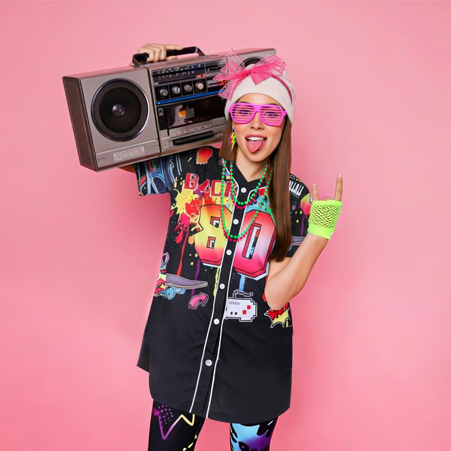 80s Outfit for Women, 80s Accessories with Shirt Leggings Gloves Necklace Earrings Sock Headband Glasses for Cosplay - Image 5