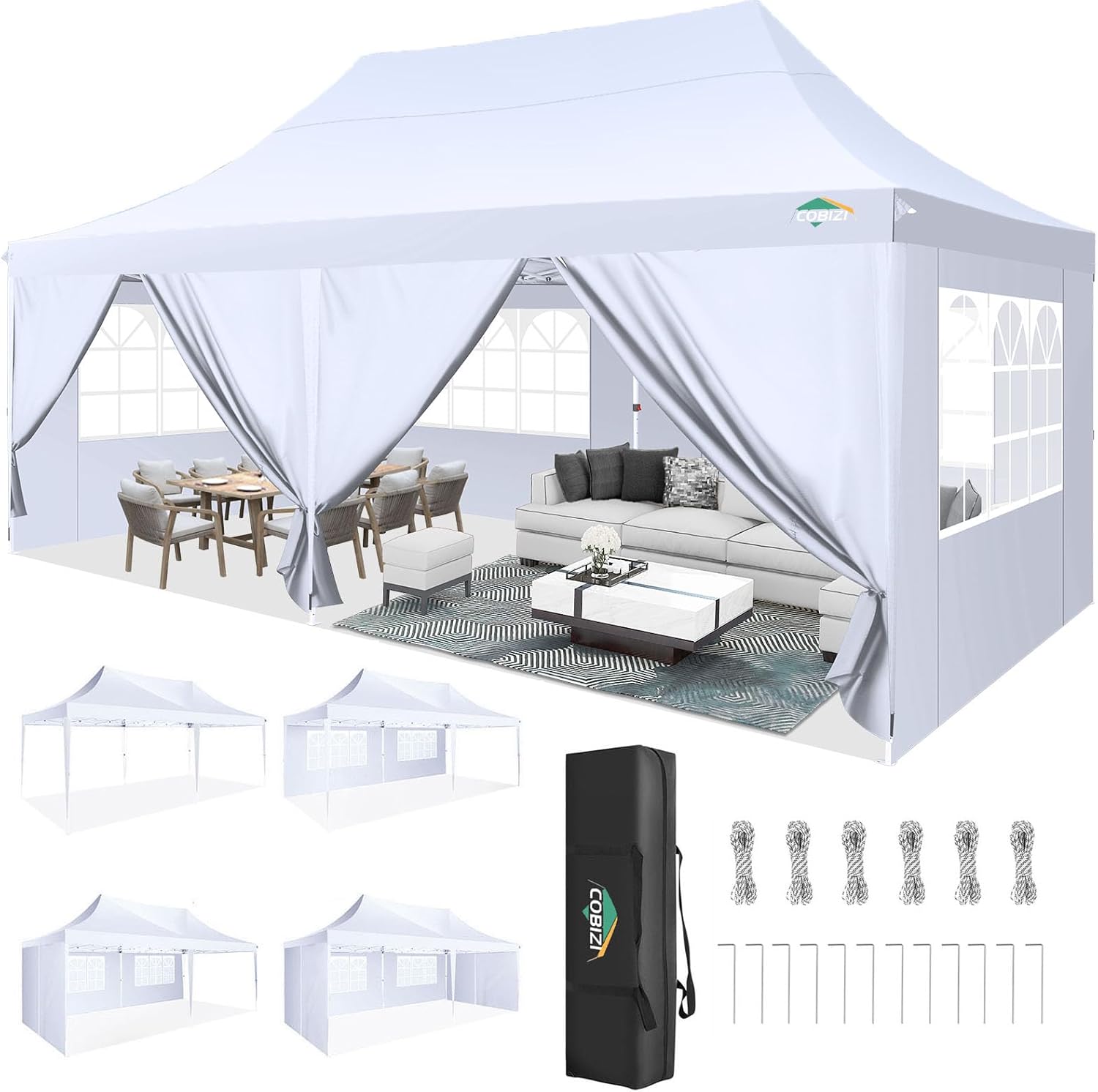 COBIZI 10x20 Pop Up Canopy with 6 Sidewall, Commercial Canopy UPF 50+ Waterproof Outdoor Gazebo with Carry Bag, Tents for Parties with Upgrade Frame, 3 Height Adjustable, White White(1 year warranty) 10x20 with 6 Sidewalls
