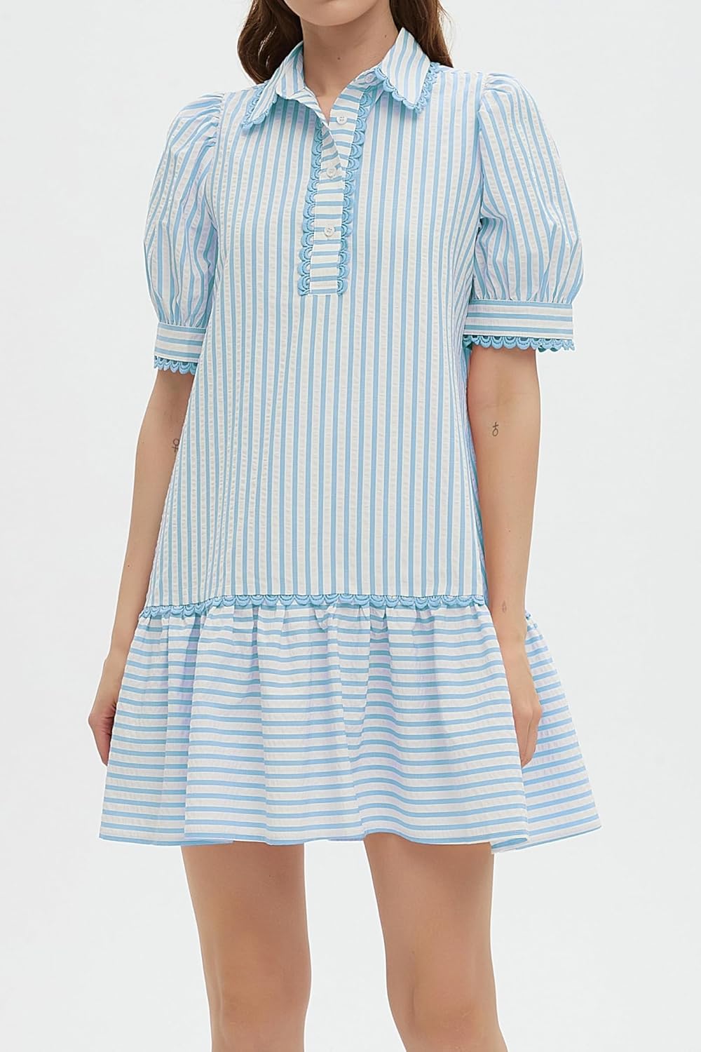 Striped Dress for Women Collared Short Puff Sleeve Ruffle Hem Summer Tunic Flowy Shirt Mini Dress - Image 3