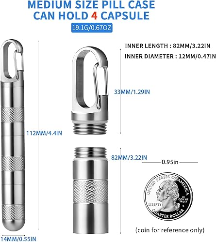 Miniatura 10 de TISUR Pastillero para llavero, pastillero pequeño de titanio, organizador de píldoras impermeable, contenedor de píldoras EDC, tubo de metal para