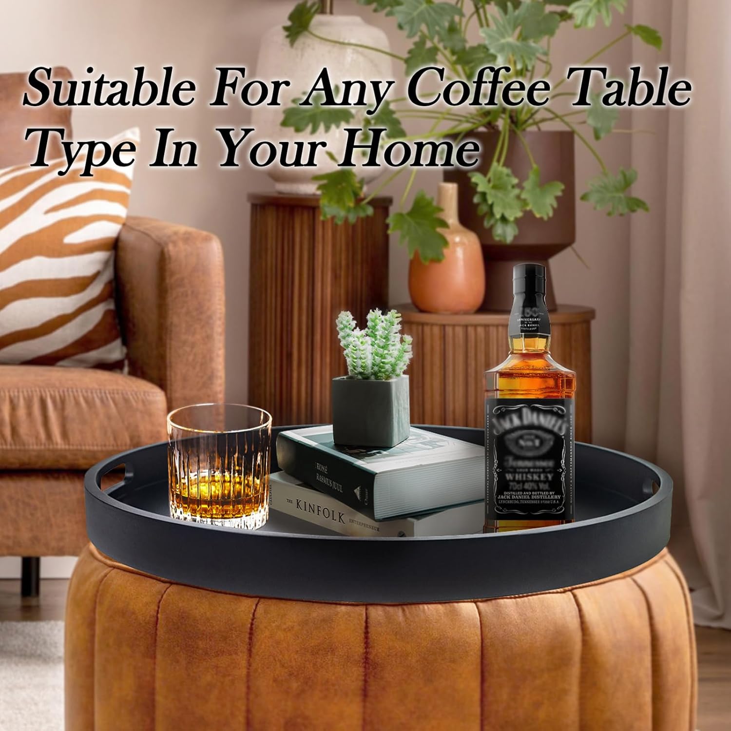 Large Round Black Tray, 20" Extra Large Black Ottoman Tray, Wood Serving Trays, Decorative Trays with Handles for Home Kitchen