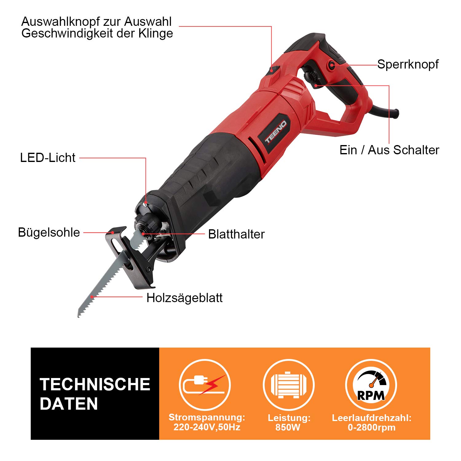 TEENO Sierra sable 850W con cable, Manija Giratoria (Izquierda y Derecha 90º), Gatillo de Velocidad Variable 0~2800RPM, 2 Hojas de 150mm(Madera 6T HCS, Metal 14T BIM),LED