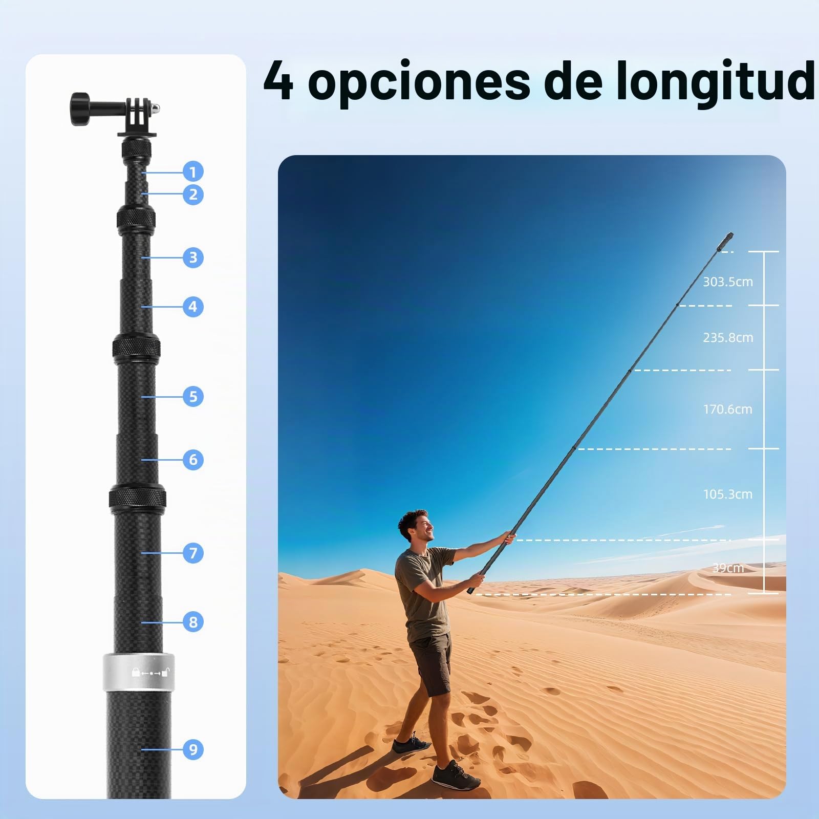BRDRC Palo selfie de 3 m para Insta360 X5 X4 Air, fibra de carbono invisible de 118 pulgadas, poste de extensión ultra largo invisible para Insta 360 ONE X5 X4 X3 RS, accesorios para DJI OSMO 360 (con