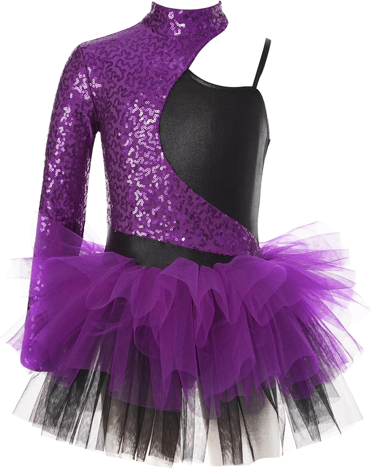 Shinsto Kids Girls Sequins Jazz Latin Dance Dress Single Long Sleeve Splice Mesh Dance Leotard Tutu Dress