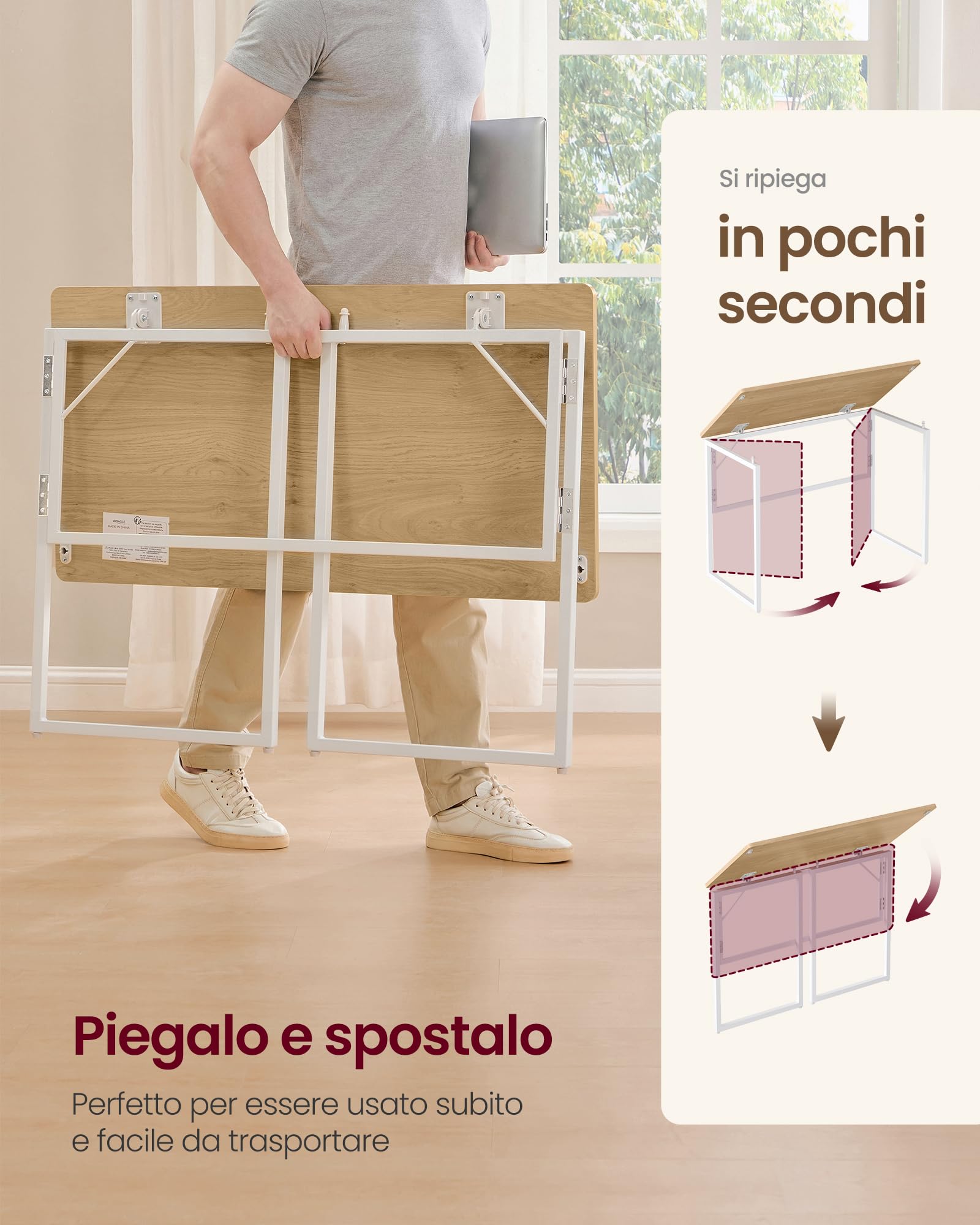 VASAGLE Scrivania per Computer Pieghevole, Piano in Unico Pezzo, Angoli Arrotondati, Tavolo da Ufficio, Camera da Letto Balcone Campeggio, Facile da Montare, 100 x 50 cm, Rovere Naturale LWD152YD01