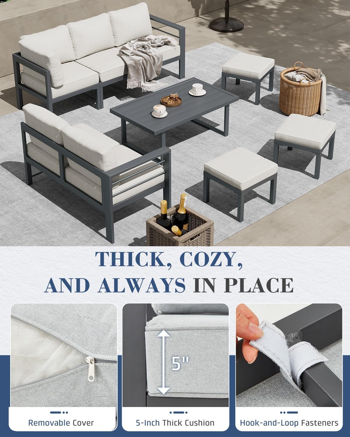 AECOJOY Aluminum Patio Furniture Set, 8 Seats Modern Outdoor Furniture with Adjustable Table, 7 Pieces Metal Conversation Sectional Sofa, Light Gray