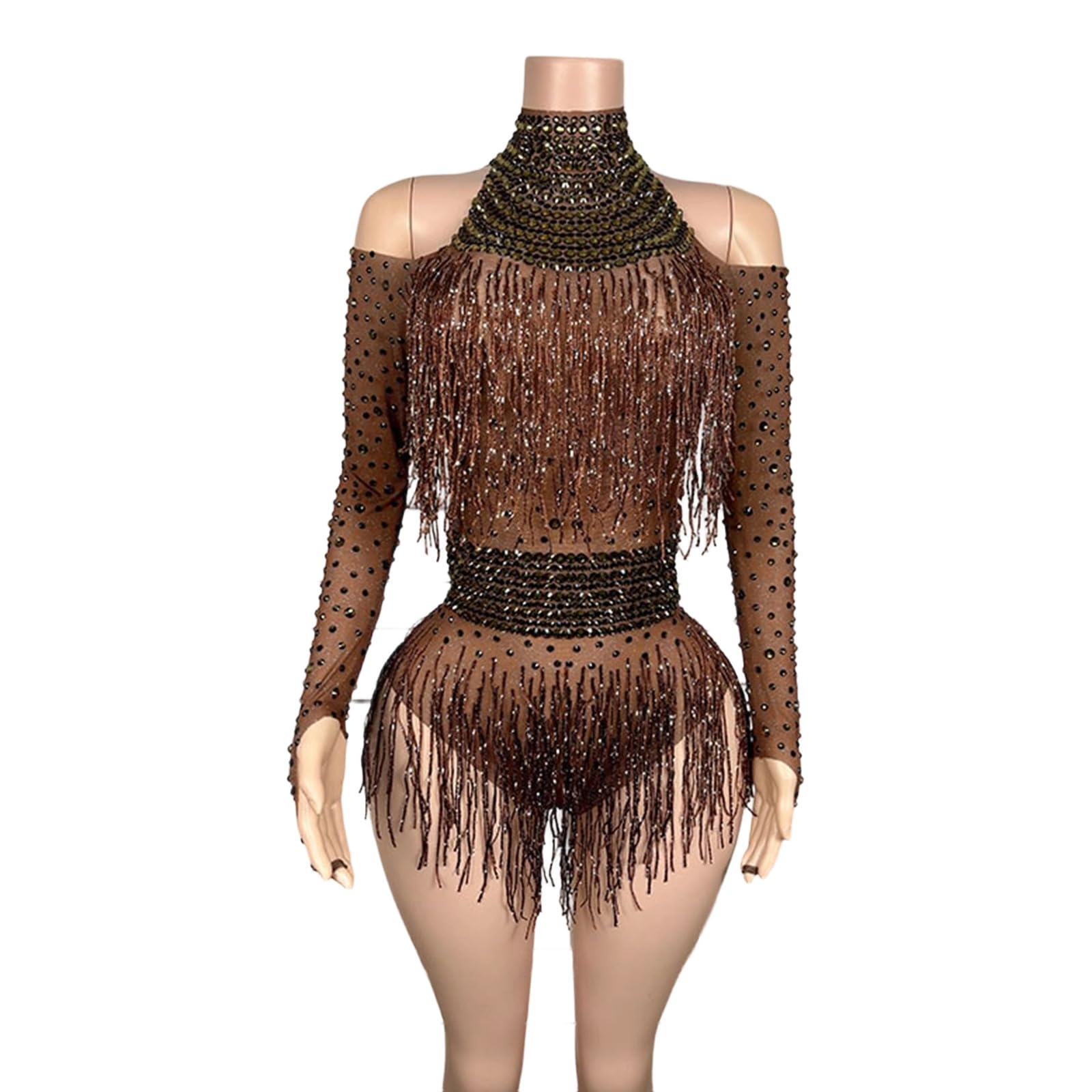 Body con flecos de diamantes de imitación para mujer, fiesta de cumpleaños, disfraz de noche, discoteca, baile, leotardo de manga larga con flecos brillantes para mujer