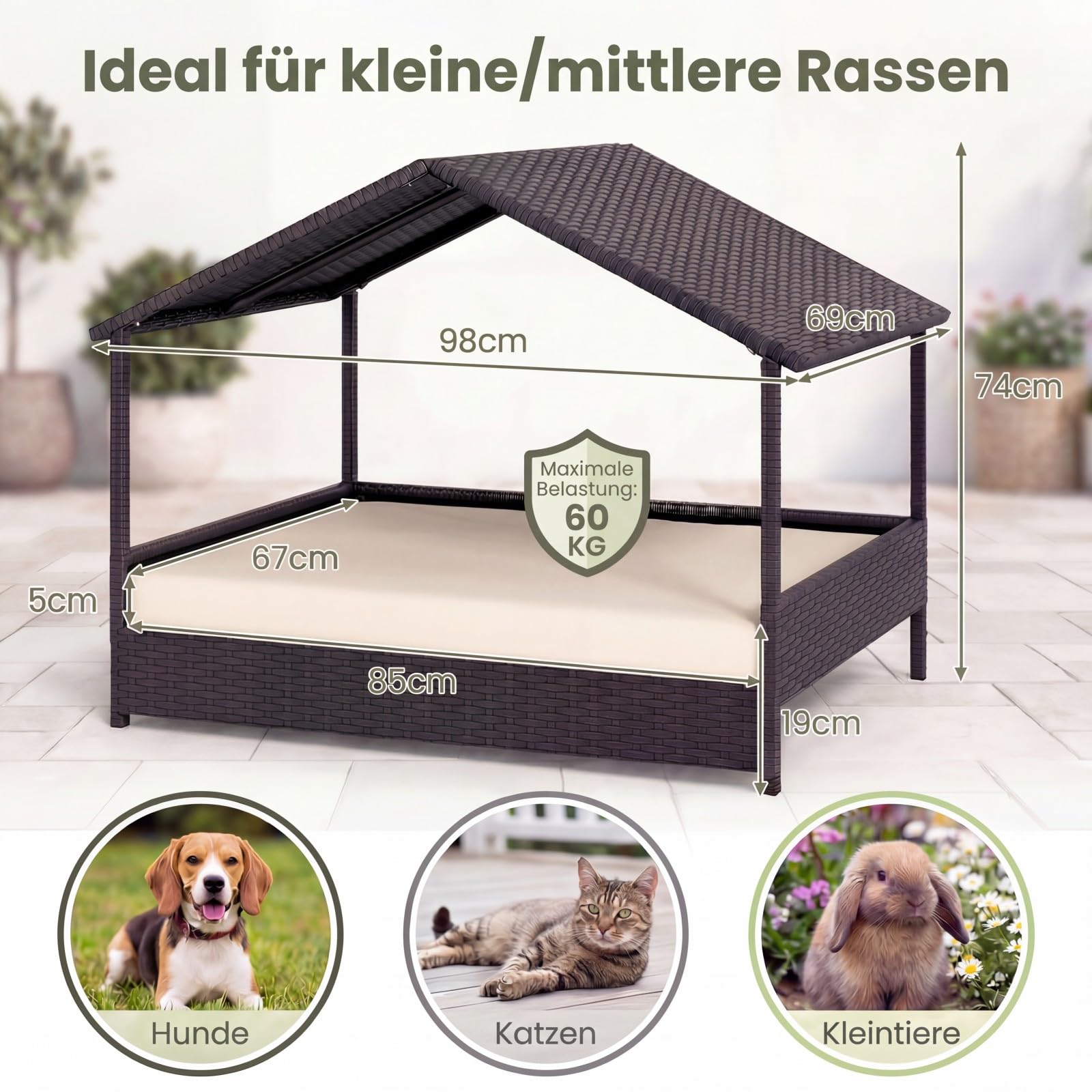 GYMAX Hundebett Outdoor, erhöhtes Hundeliege aus Rattan mit Kissen & Schrägdach, Haustierbett wetterfest für kleine & mittelgroße Hunde, 98 x 68 x 74 cm (Beige)
