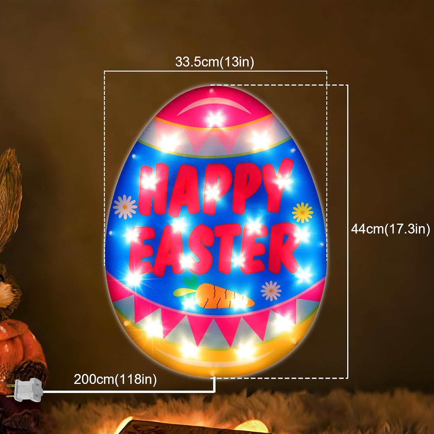 17" 20LED Lighted Easter Egg Decor, Cozy Warm Glow for Table, 120V Plug-in, UL Certified, Neat Gift Box Packed