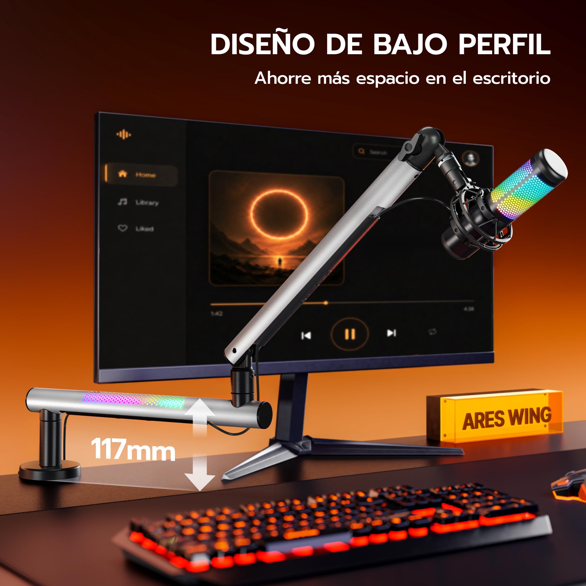 ARES WING Brazo de micrófono para videojuegos con luz RGB | soporte para micrófono con brazo giratorio giratorio de 360°, compatible con adaptador de 3/8" a 5/8", ideal para podcast