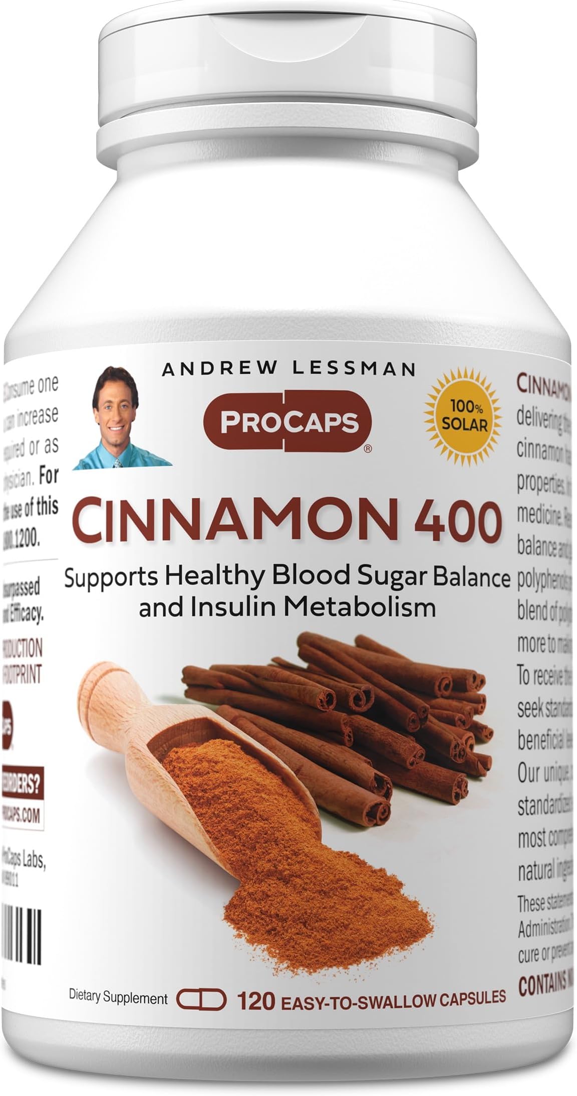 Cinnamon 400mg - 120 Capsules - High Potency, Standardized Extract. No Additives. Small Easy to Swallow Capsules