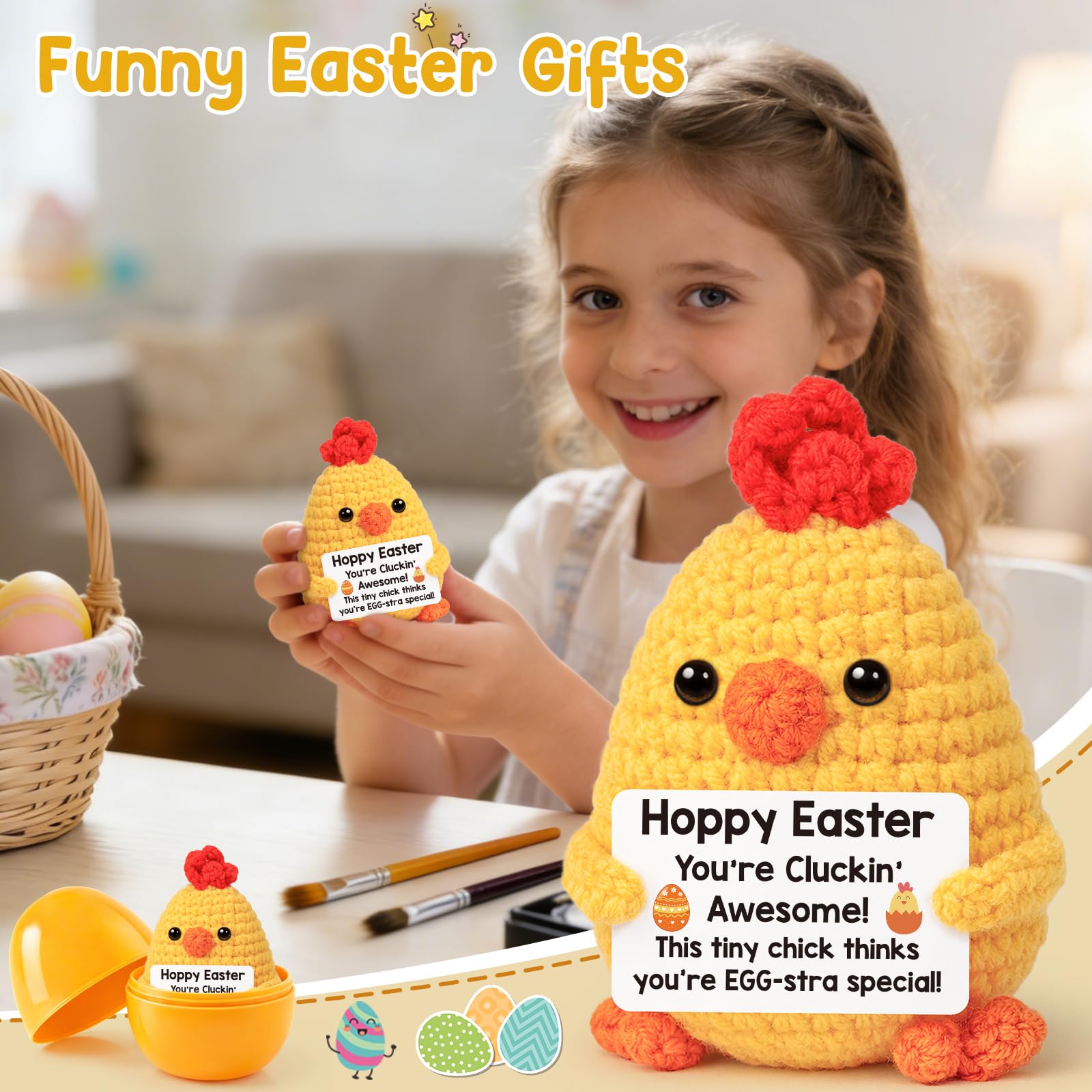 Funny Chicken Easter Basket Stuffers for Teens Girls Boys, Easter Gifts for Kids, Easter Egg Fillers for Daughter Son Friends Women Handmade Positive Crochet Animals Chick Support Present