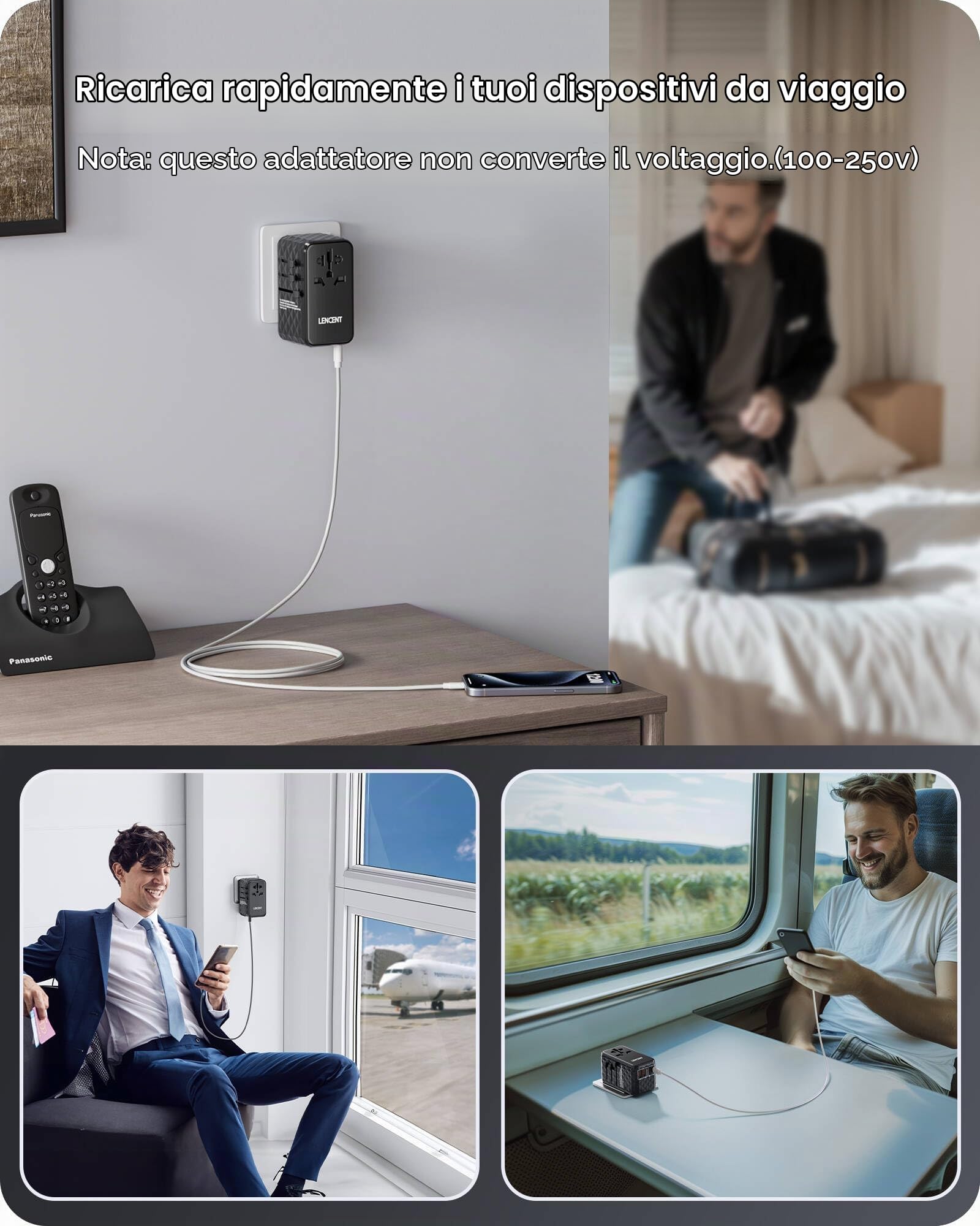 LENCENT 100W Adattatore Universale da Viaggio, Adattatore Presa | con 2 USB-A & 2 USB-C, Caricatore USB Rapida per Telefono Cellulare, Laptop, Spina Internazionale per UK, EU, AUS, USA -Nero