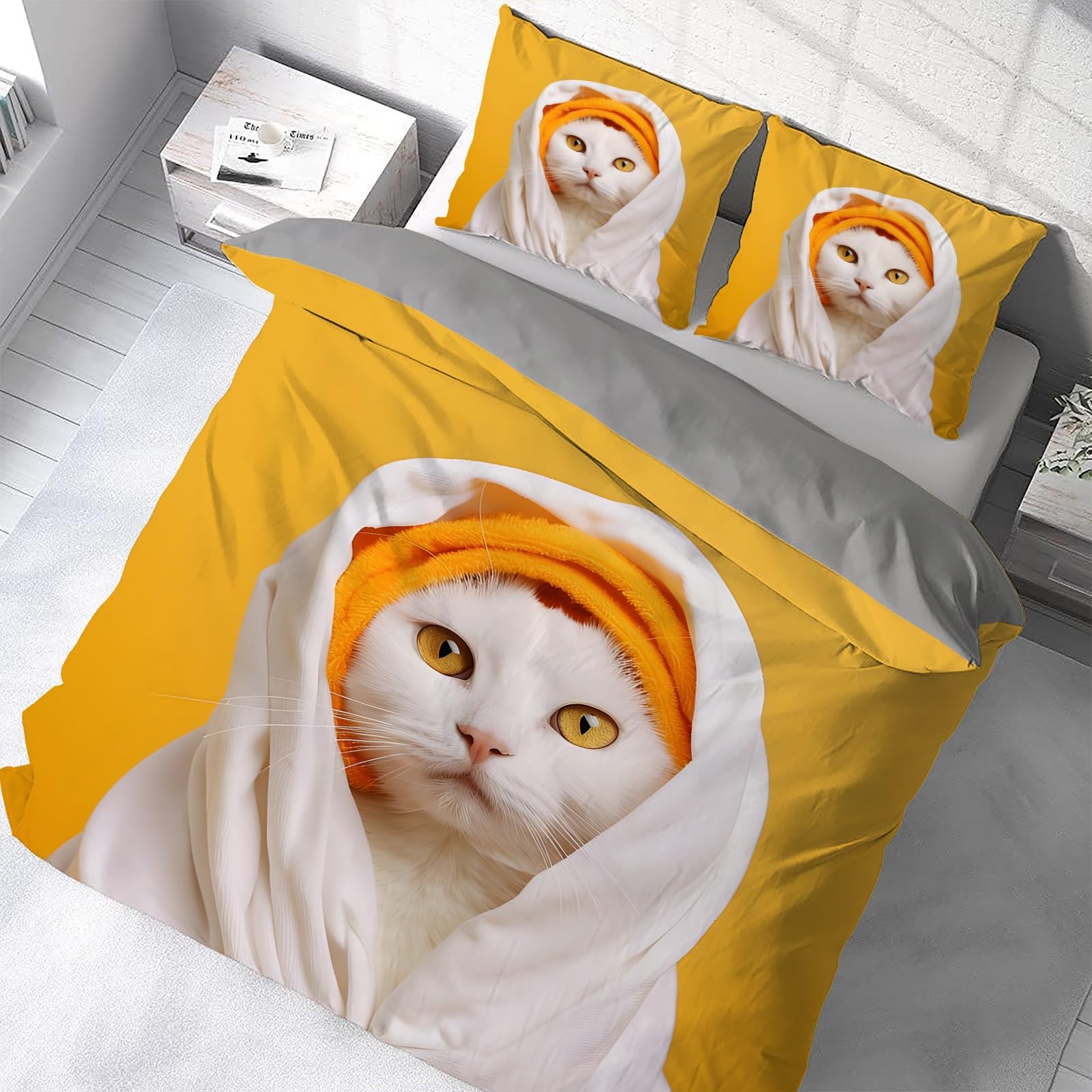 Poszwa na kołdrę 240x260 Kot z szalikiem Zestaw pościeli z mikrofibry, dla 2 osób i 2 x poszewki na poduszki 65x65 cm Komplet pościeli z zamknięciem na żółte dno