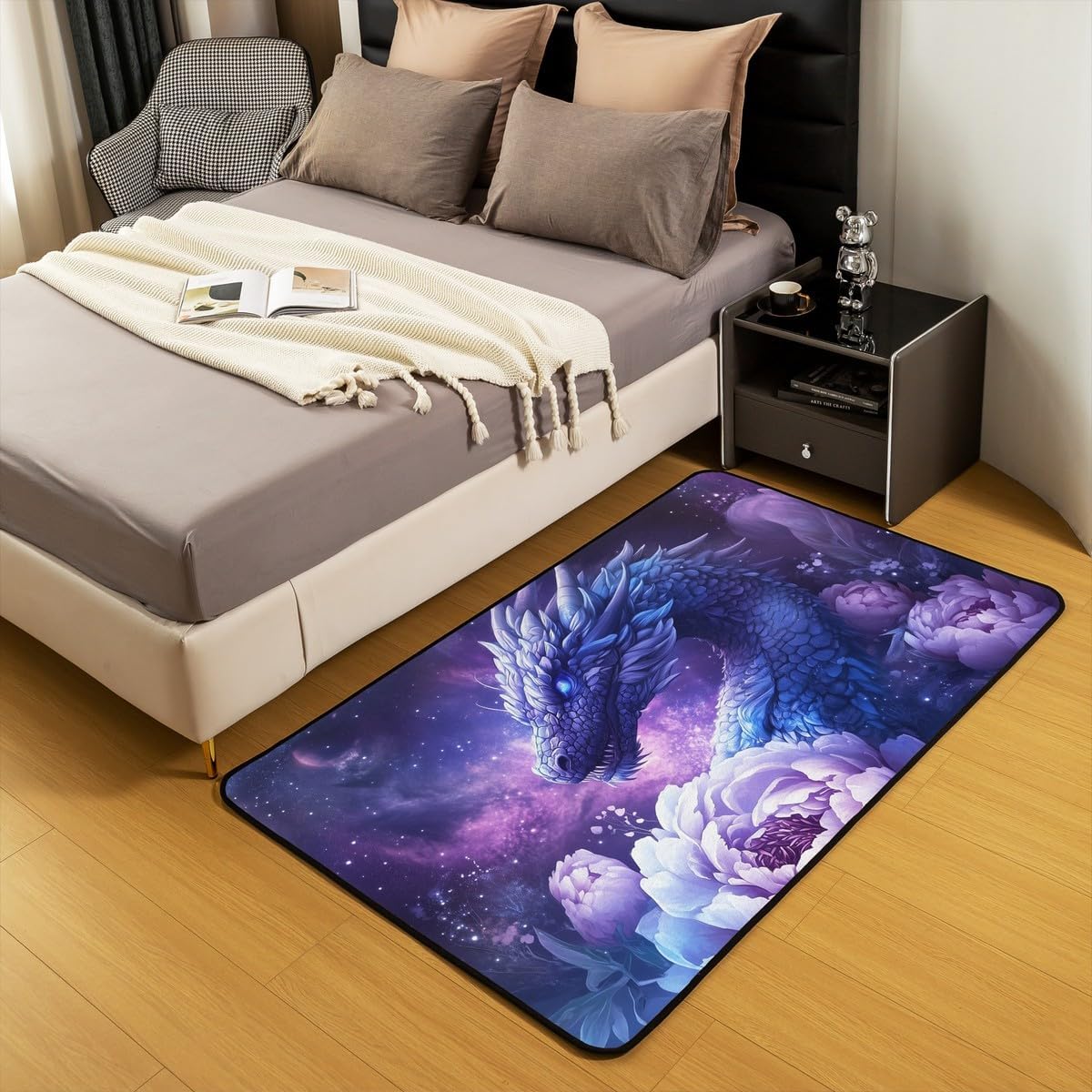 Erosebridal Dragon Area Rug 3x5, 3D Animals Printed Carpet, Safari Wildlife Flowers Non Slip Indoor Floor Mat for Bedroom Living Room, Black Purple Nebula Galaxy Kids Boys Washable Decorative Rug