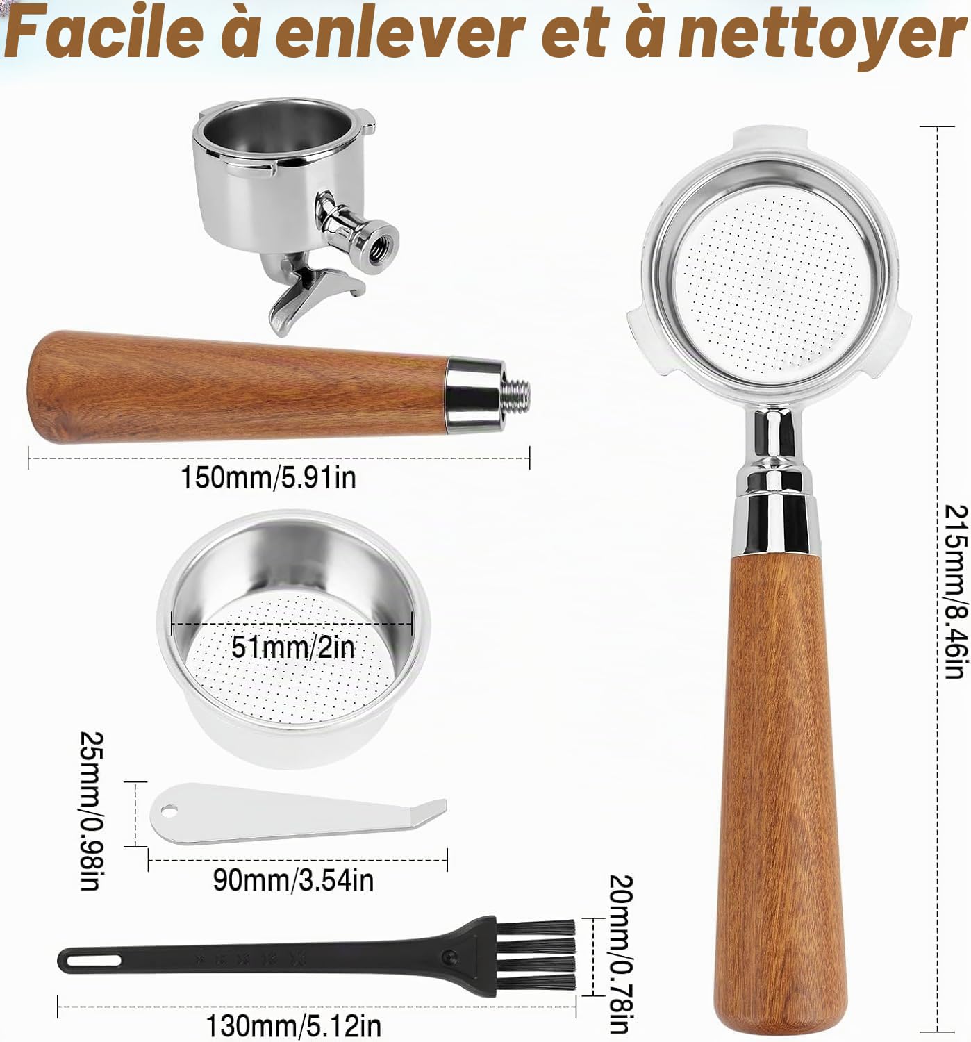 Poignée Porte-Filtre Sans Fond 51mm Compatible Avec Delonghi Dedica EC680, EC685, SMEG ECF01, Avec Outil de Nettoyage et Accessoires en Acier Inoxydable 304