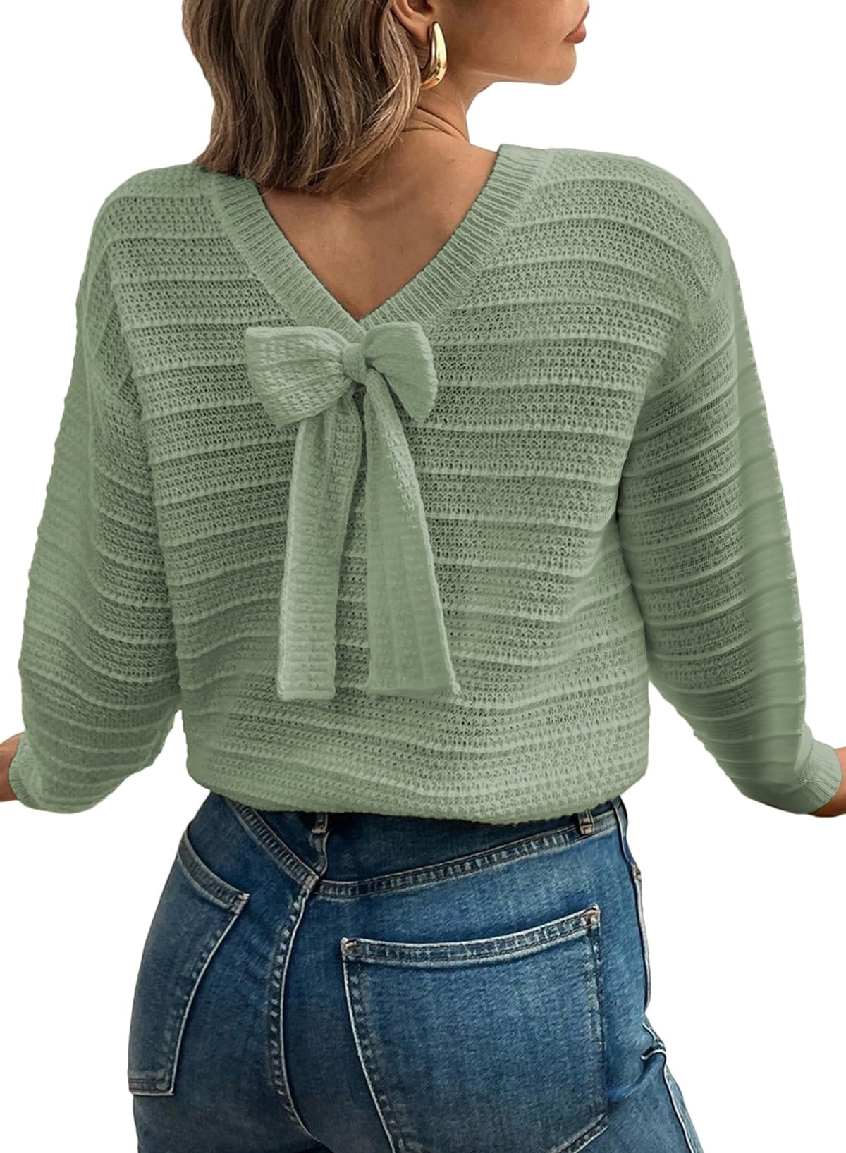 EVALESS Sweaters for Women Long Sleeve Fall Outfits 2025 Back Bow Knot Sweaters Round Neck Solid Knit Pullover Tops
