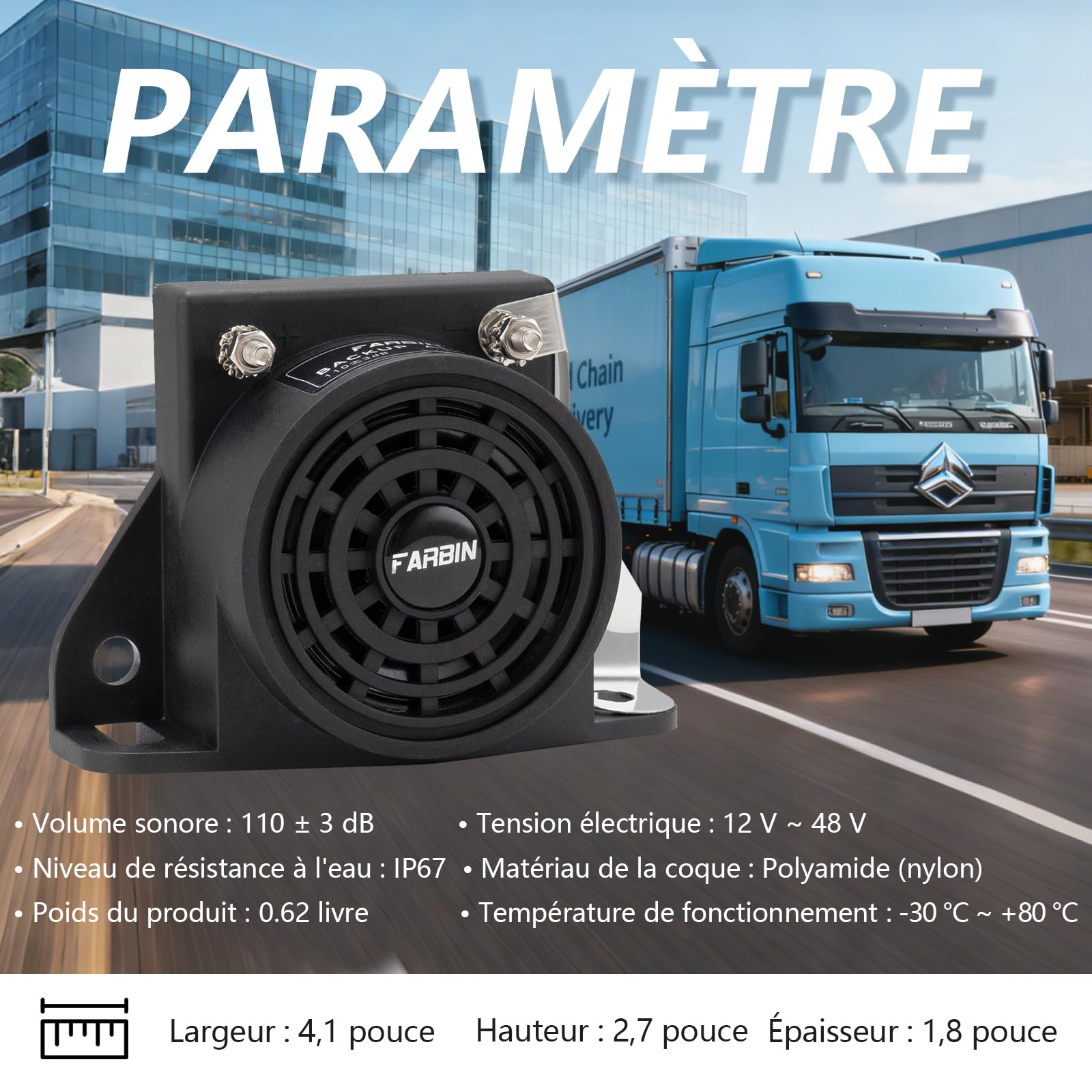 FARBIN Klaxon Voiture de Alarme Recul Voiture D’Avertissement de Bibi Etanche 12V-48V 105db Camion Renversée Universel Marche Arrière Alarme(Carrée)